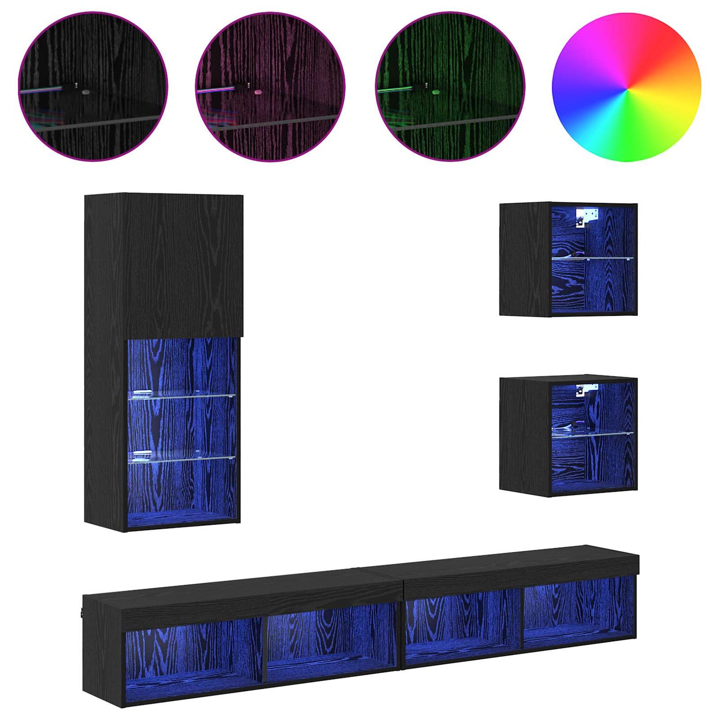 Unità a muro per TV con LED 5 pcs Rovere Nero Legno multistrato