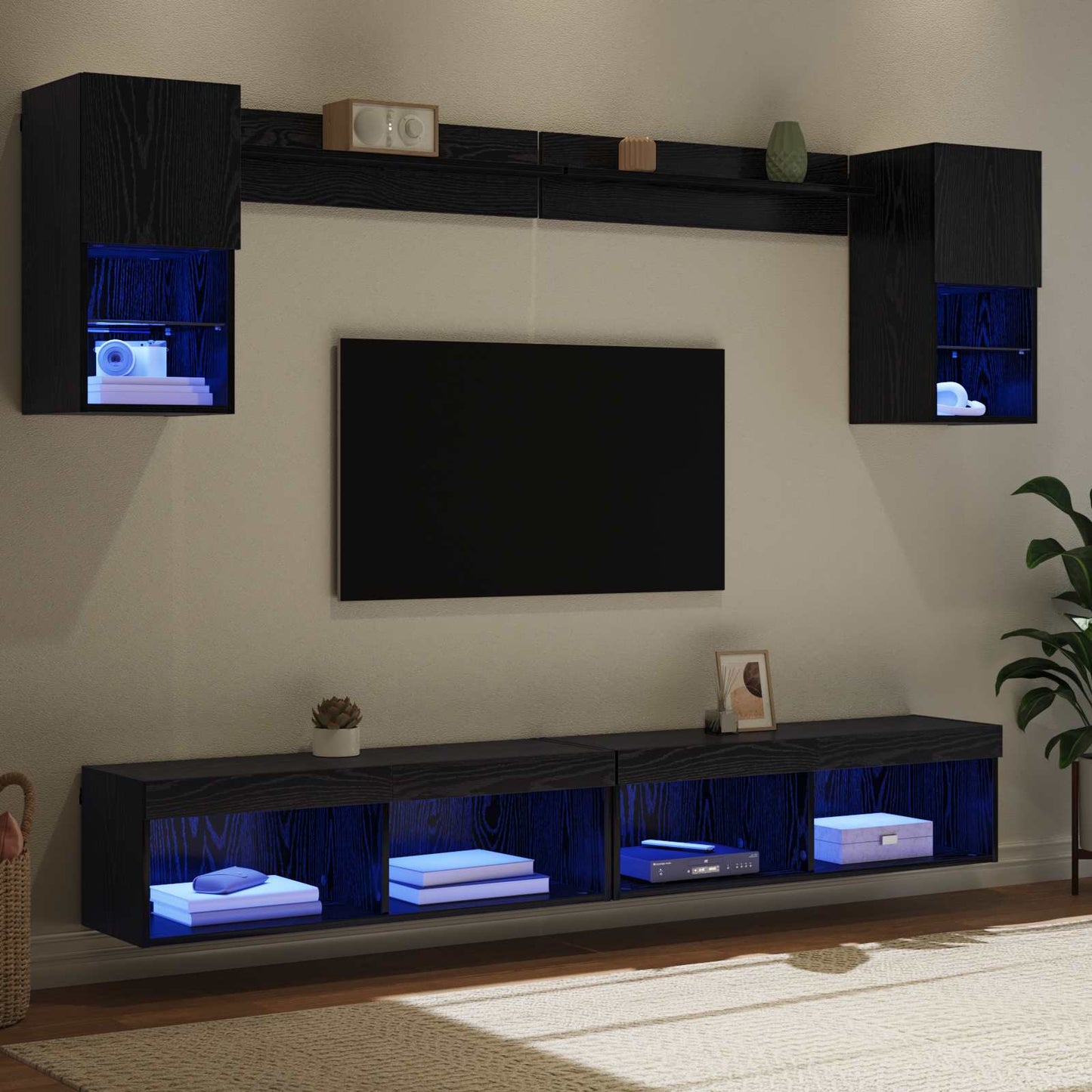 Unità a muro per TV con LED 6 pcs Rovere Nero Legno multistrato - homemem39