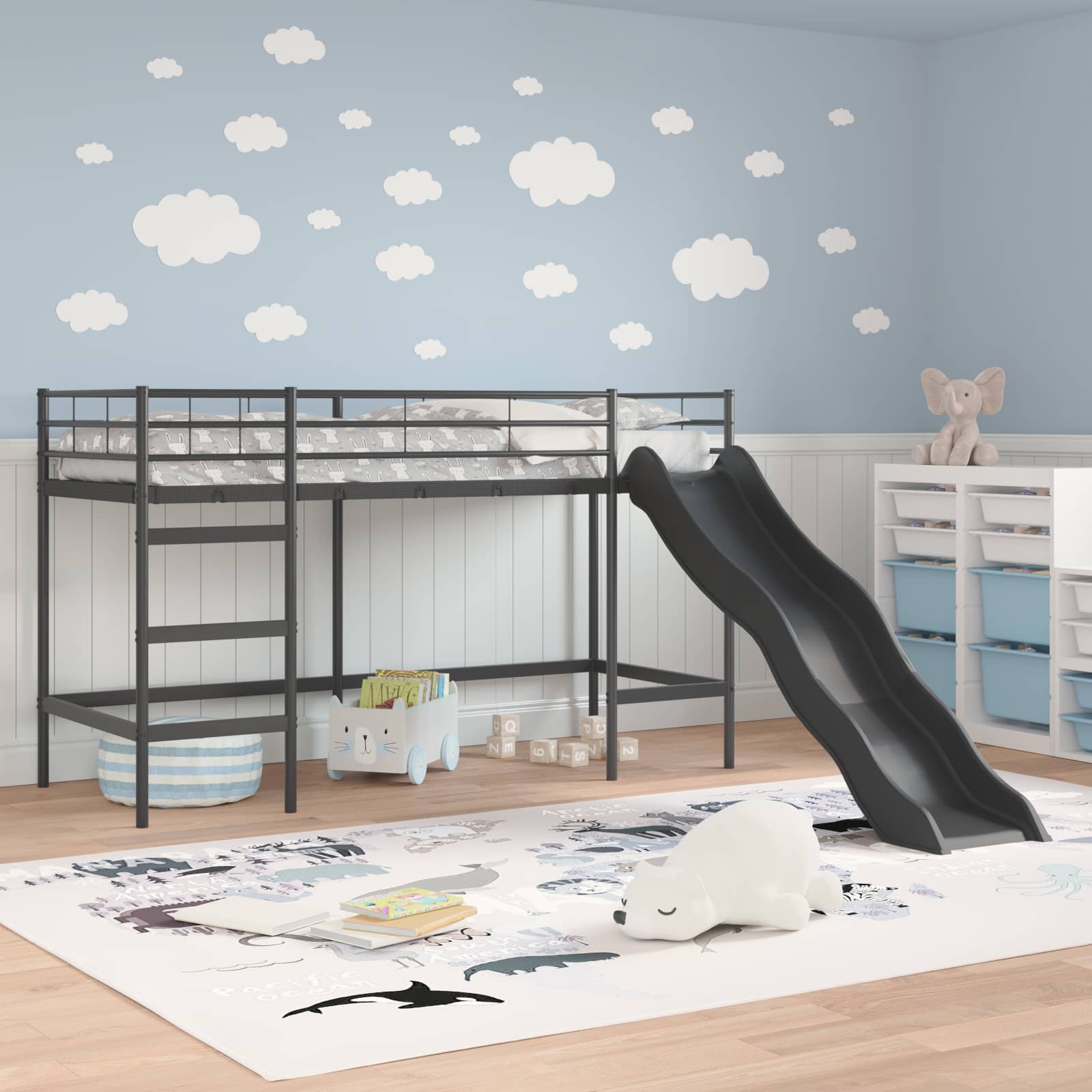 Letto loft per bambini con scivolo Nero e antracite 90 x 190 cm | homemem39