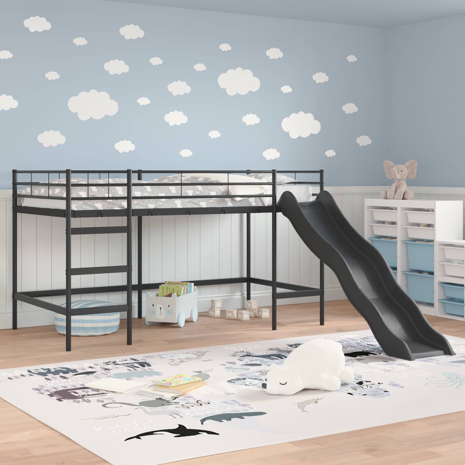 Letto loft per bambini con scivolo Nero e antracite 90 x 200 cm | homemem39