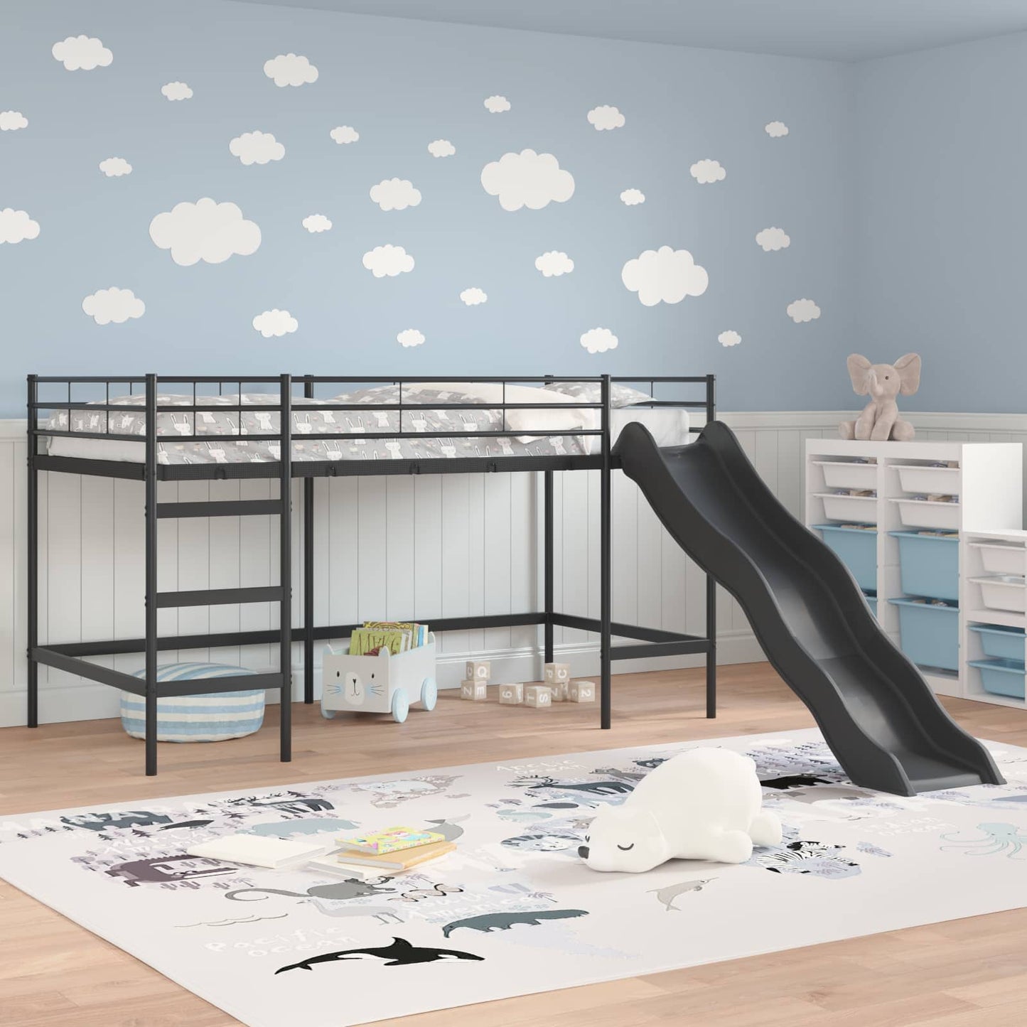 Letto loft per bambini con scivolo Tinta unita Nero e antracite | homemem39