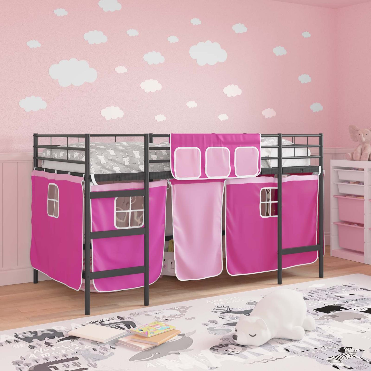Struttura del Letto Loft per Bambini con Tendine Nero e rosa