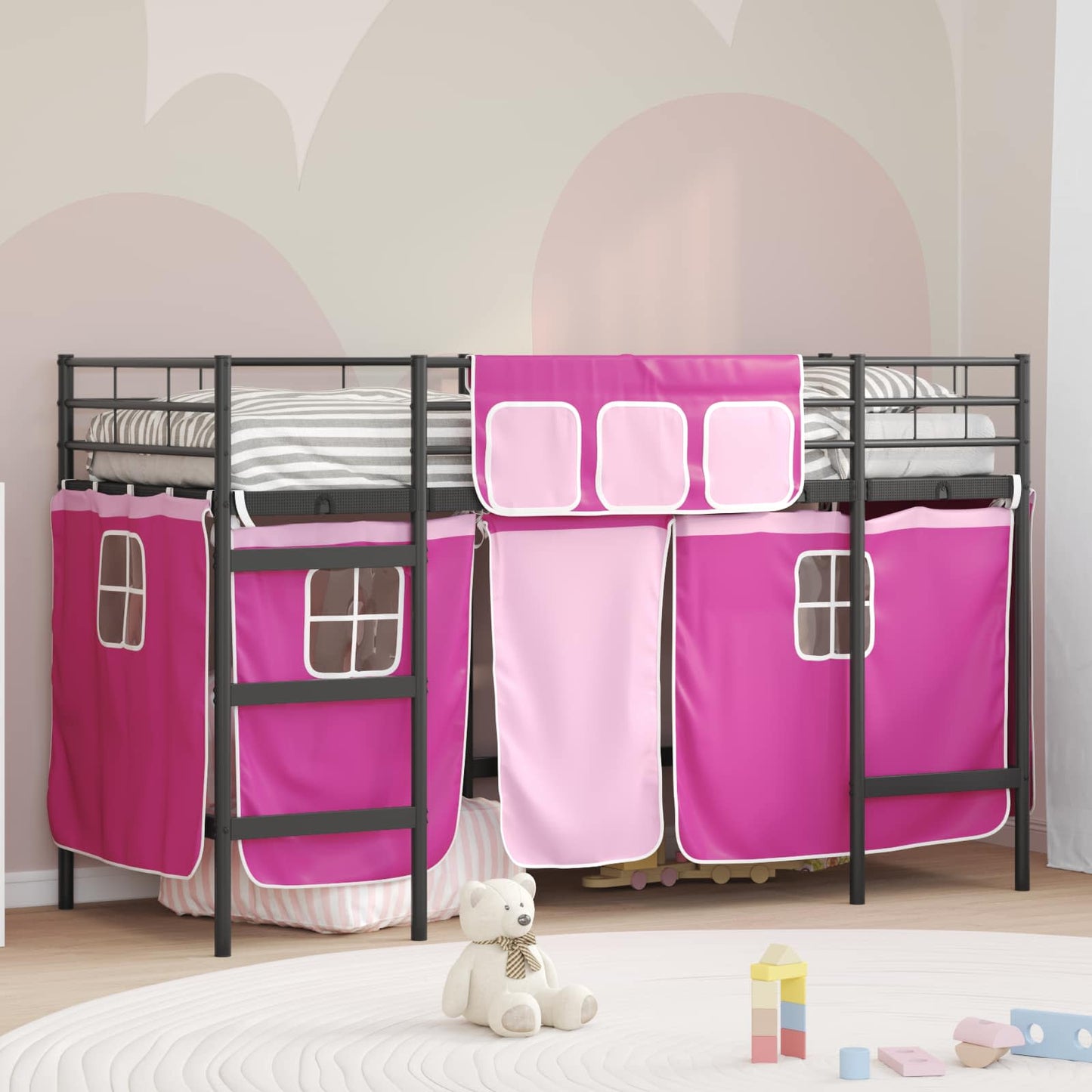 Struttura del Letto Loft per Bambini con Tendine Nero e rosa