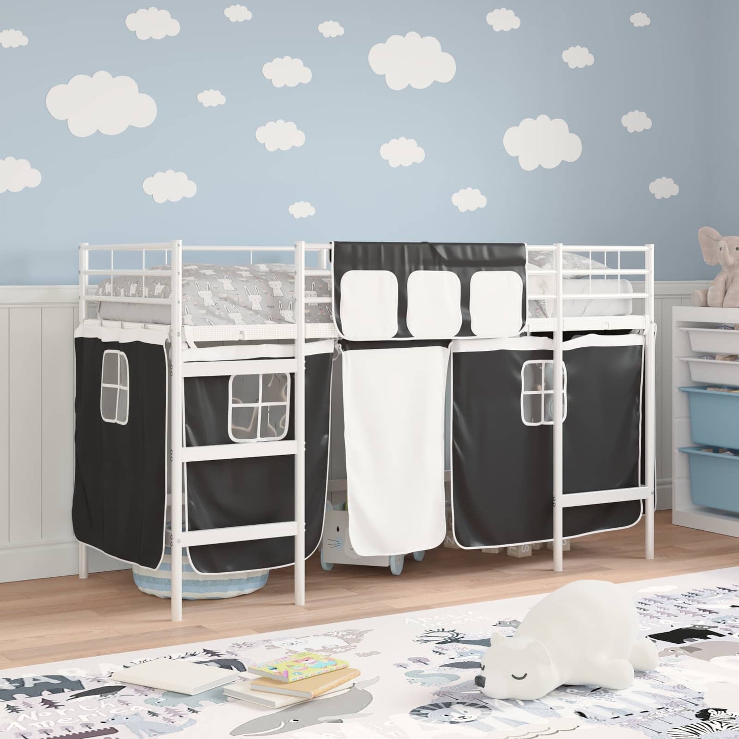 Struttura del Letto Loft per Bambini con Tendine Bianco e Nero