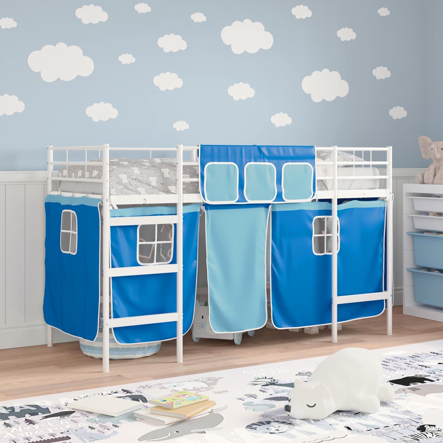 Struttura del Letto Loft per Bambini con Tendine Bianco e Blu