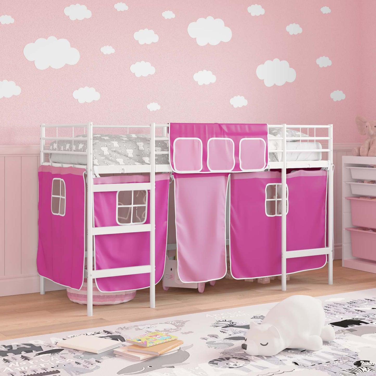 Struttura del Letto Loft per Bambini con Tendine Bianco e Rosa