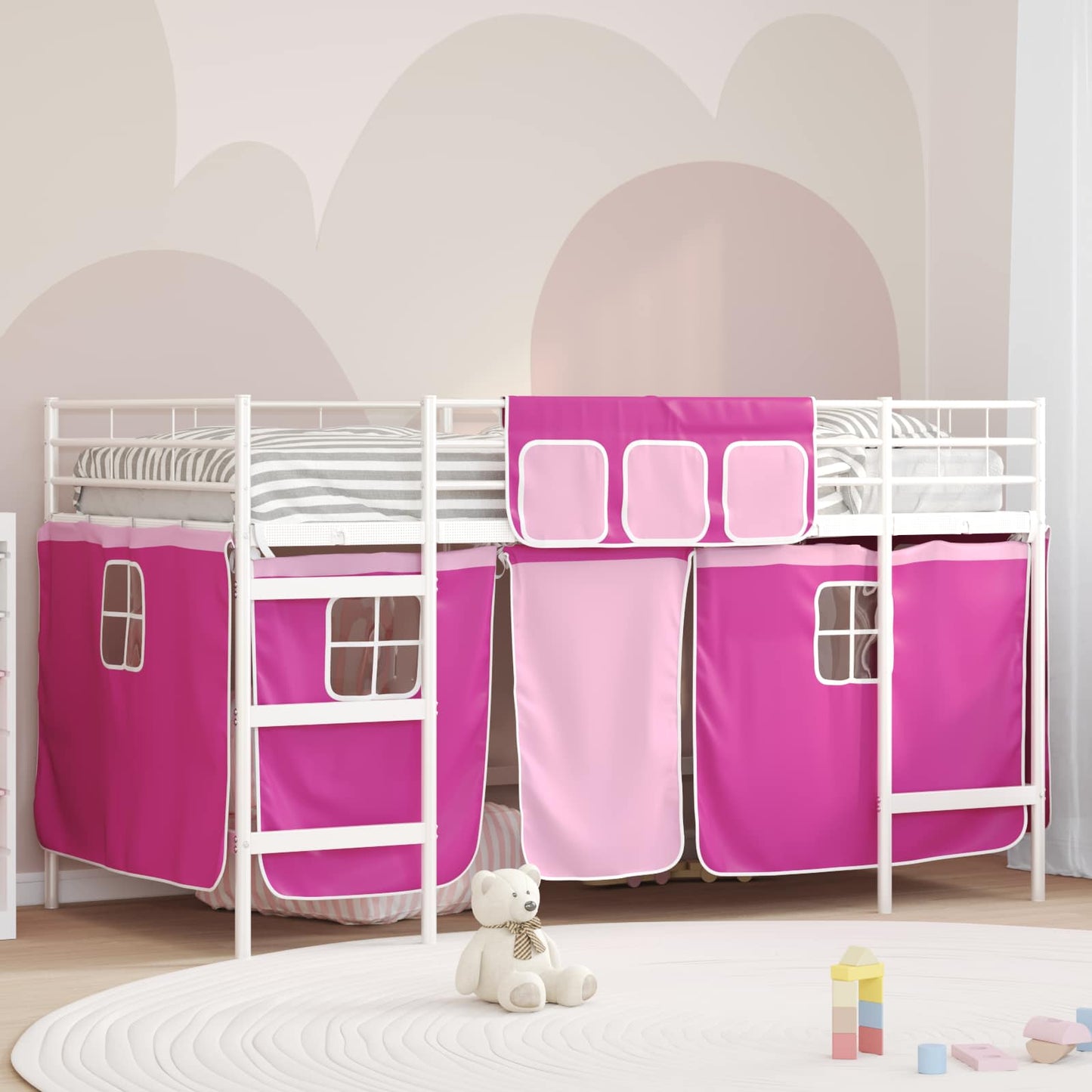 Struttura del Letto Loft per Bambini con Tendine Bianco e Rosa