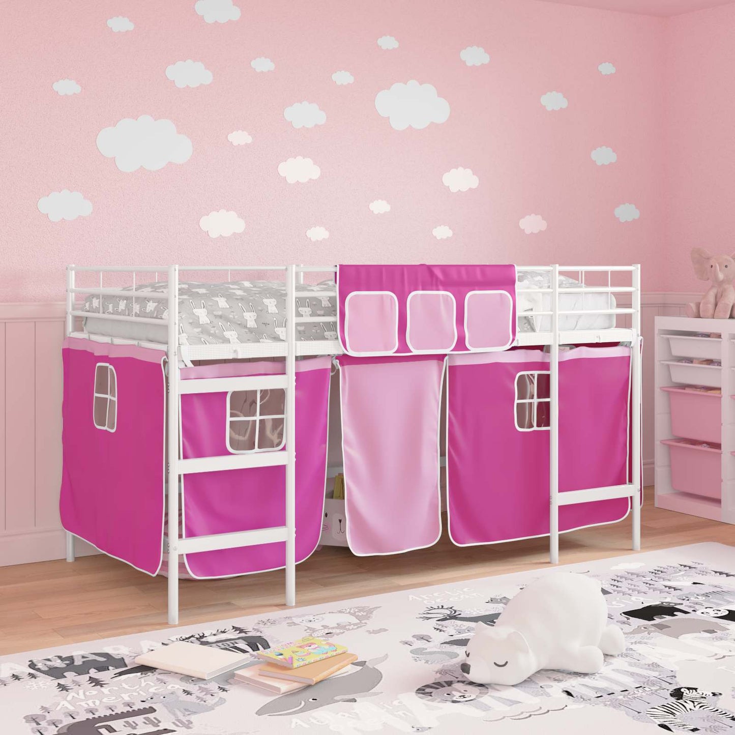 Struttura del Letto Loft per Bambini con Tendine Bianco e Rosa