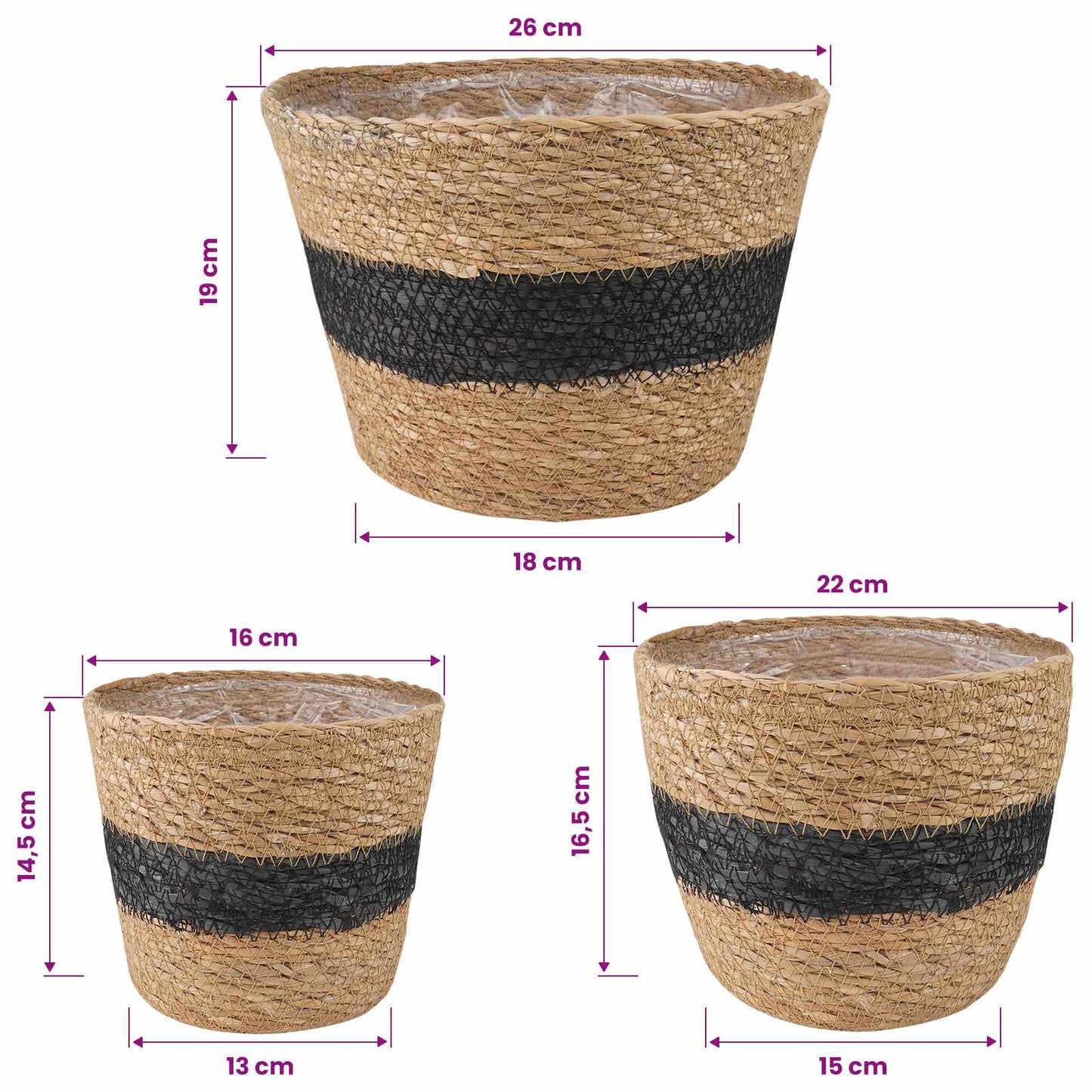 Cesti per piante in erba marina 3 pcs Naturale e Nero | homemem39