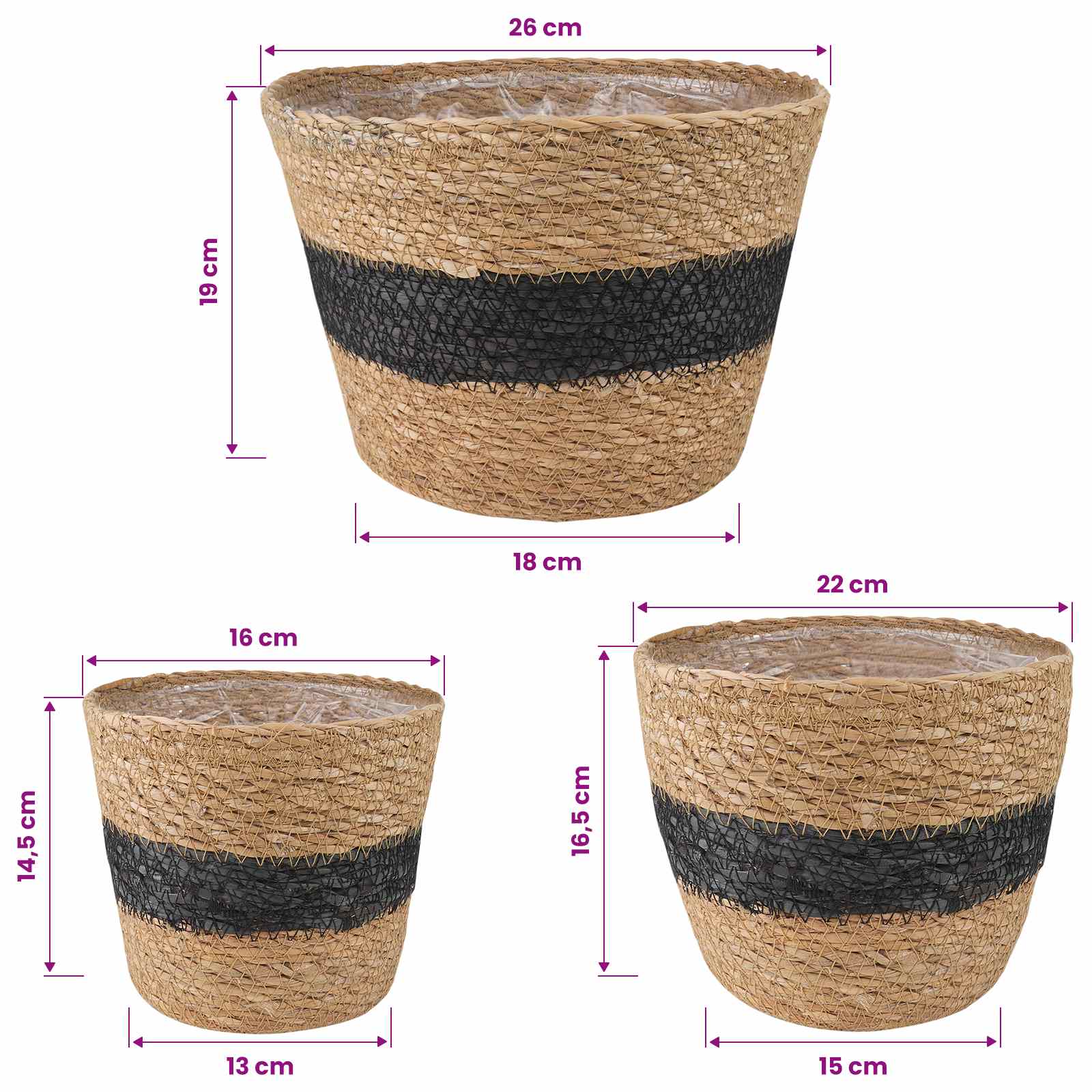 Cesti per piante in erba marina 3 pcs Naturale e Nero | homemem39