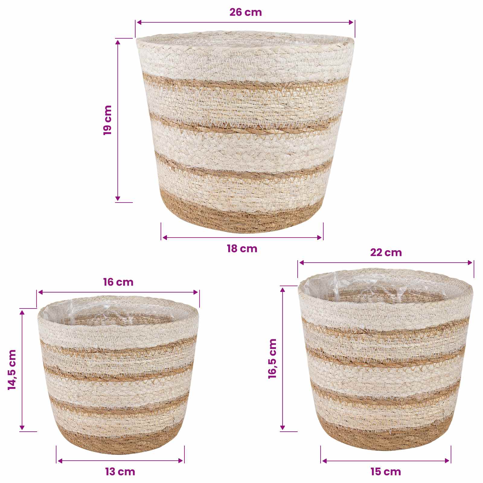 Cesti per piante in erba marina 3 pcs Naturale, Bianco e Beige | homemem39