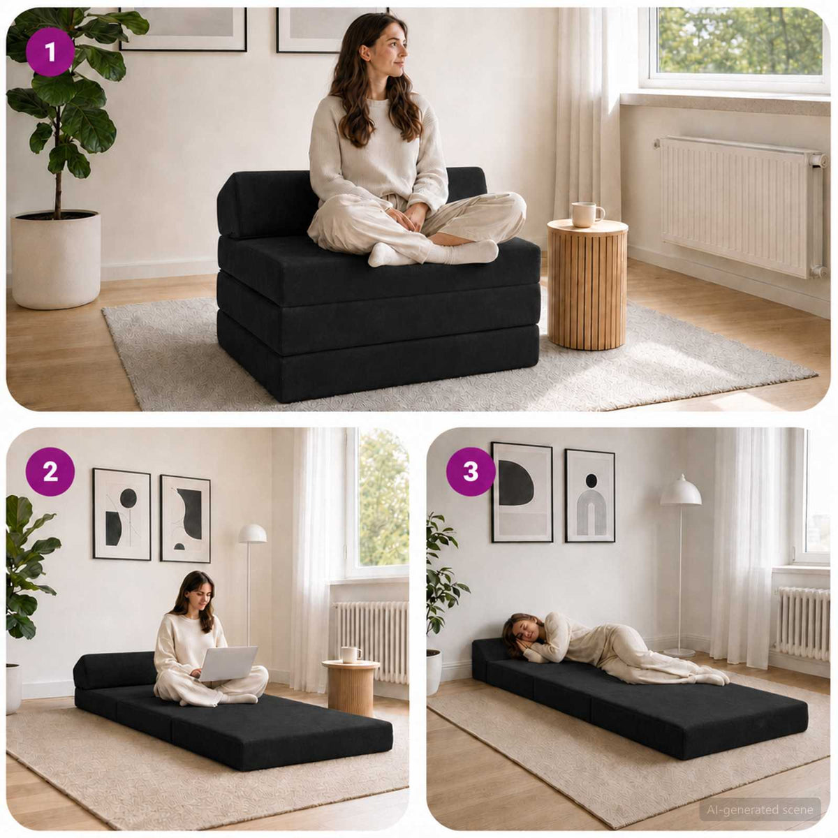 Divano Letto Pieghevole Nero 200 x 70 x 10 cm Velluto | homemem39