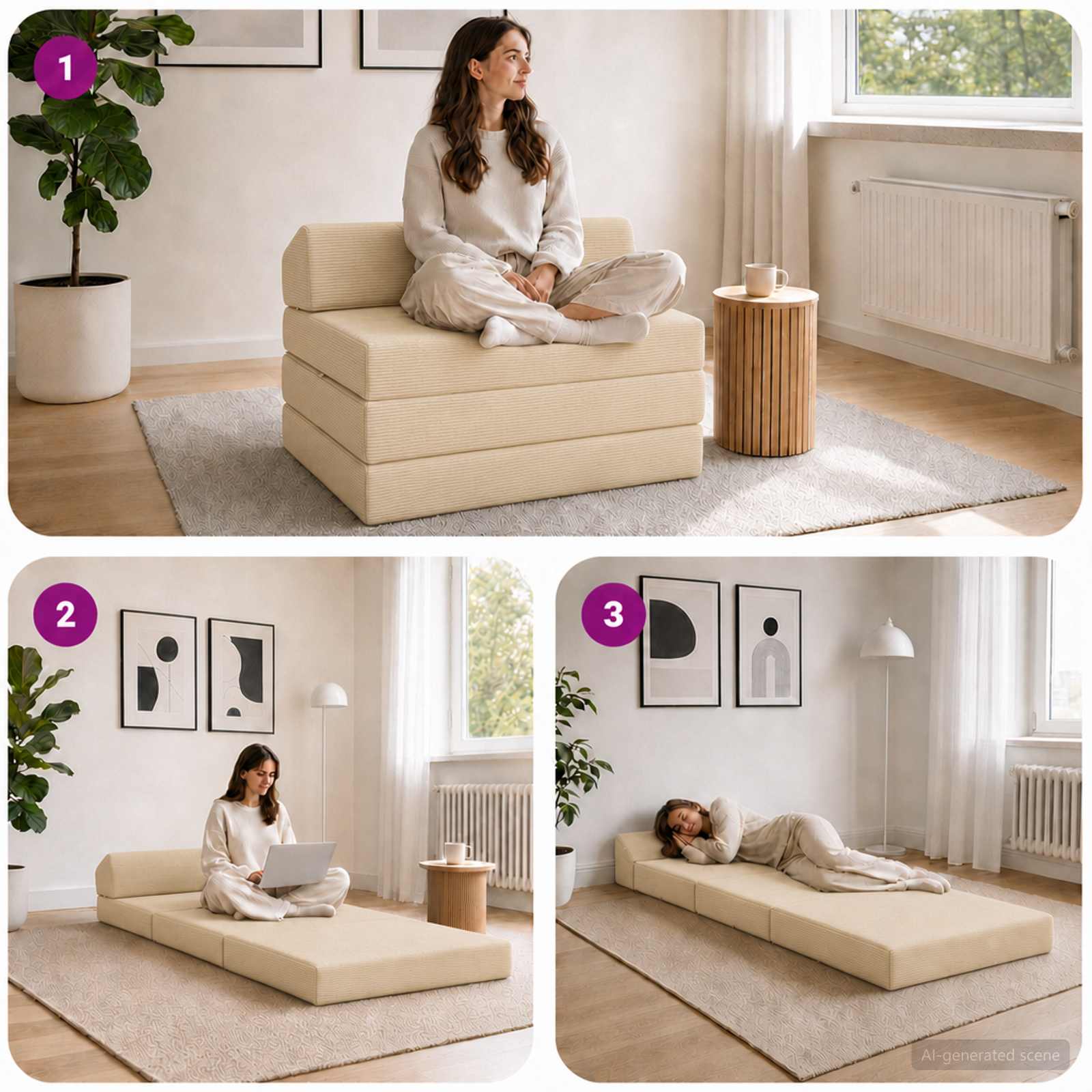 Divano Letto Pieghevole Crema 200 x 70 x 10 cm Tessuto in Cords | homemem39