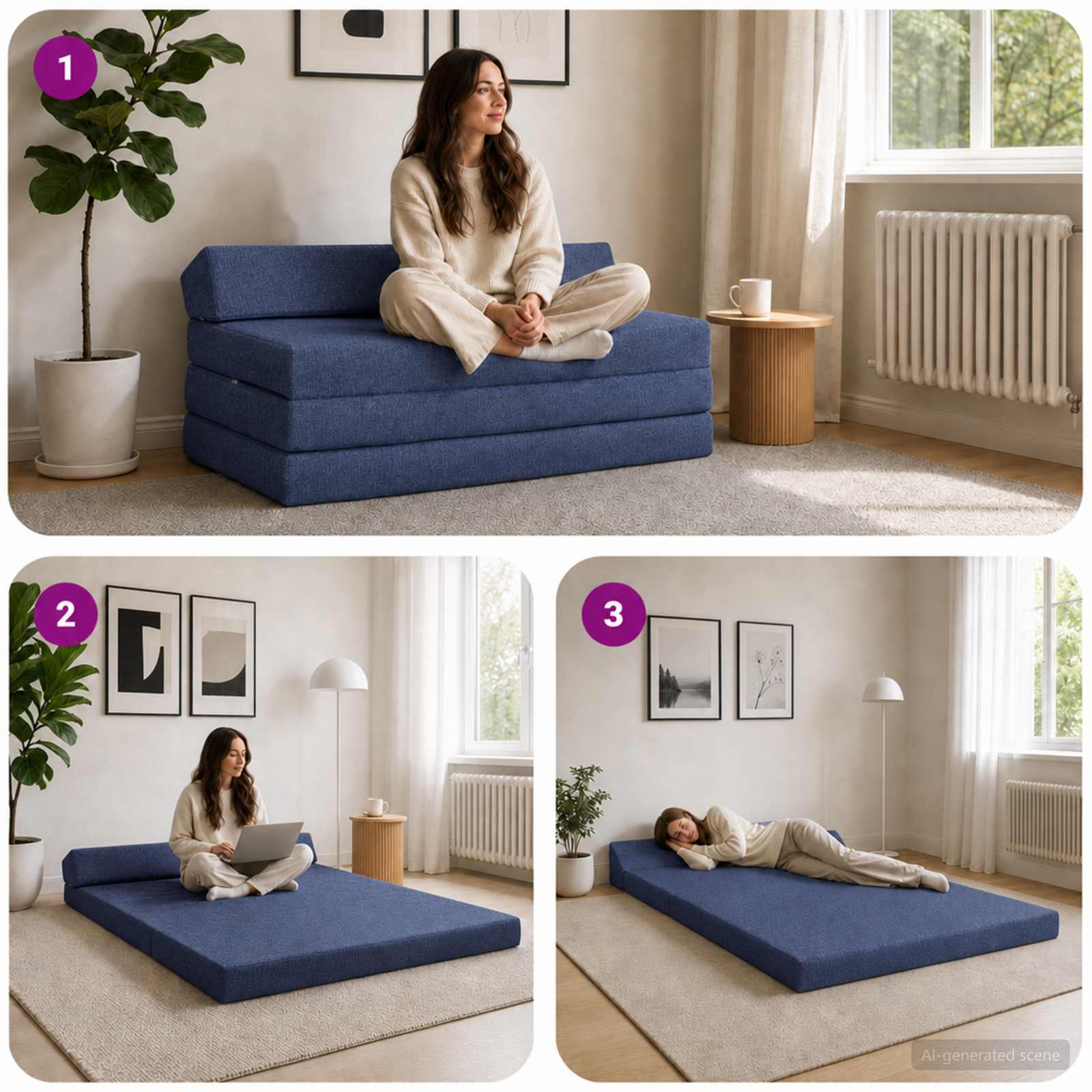 Divano Letto Pieghevole Blu 120 x 60 x 49 cm Tessuto | homemem39