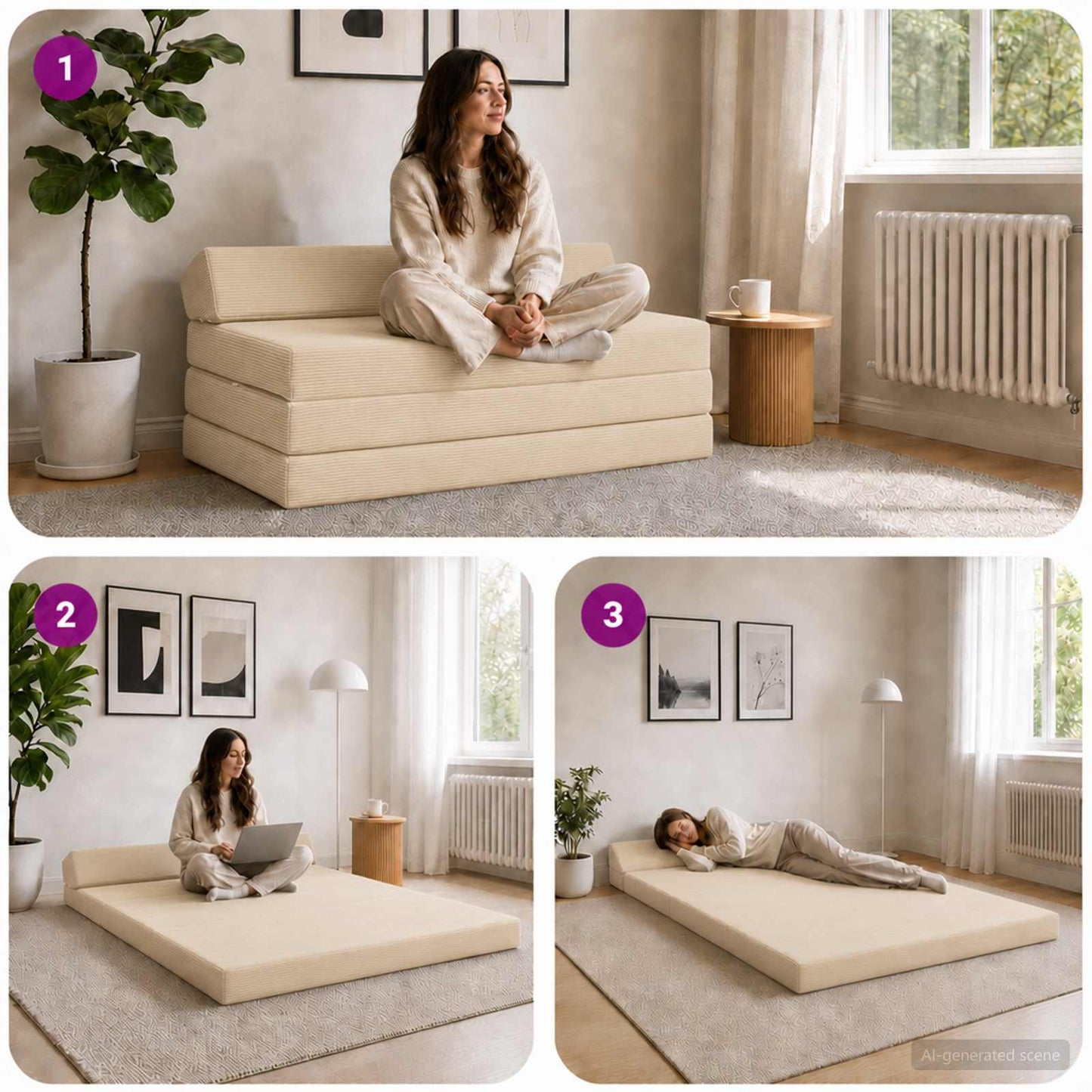 Divano Letto Pieghevole Crema 120 x 60 x 49 cm Tessuto | homemem39