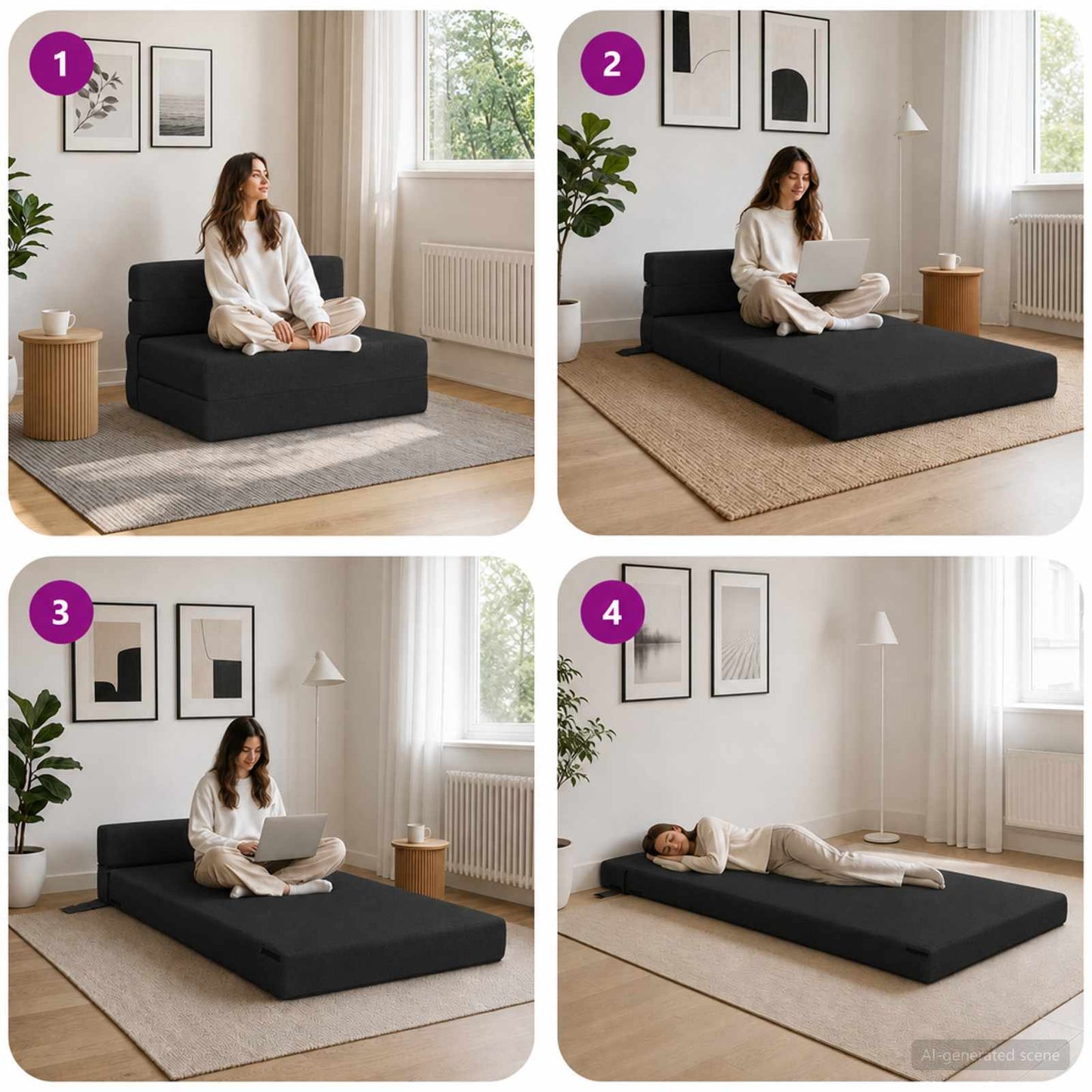 Divano Letto Pieghevole Nero 70 x 80 x 60 cm Tessuto | homemem39