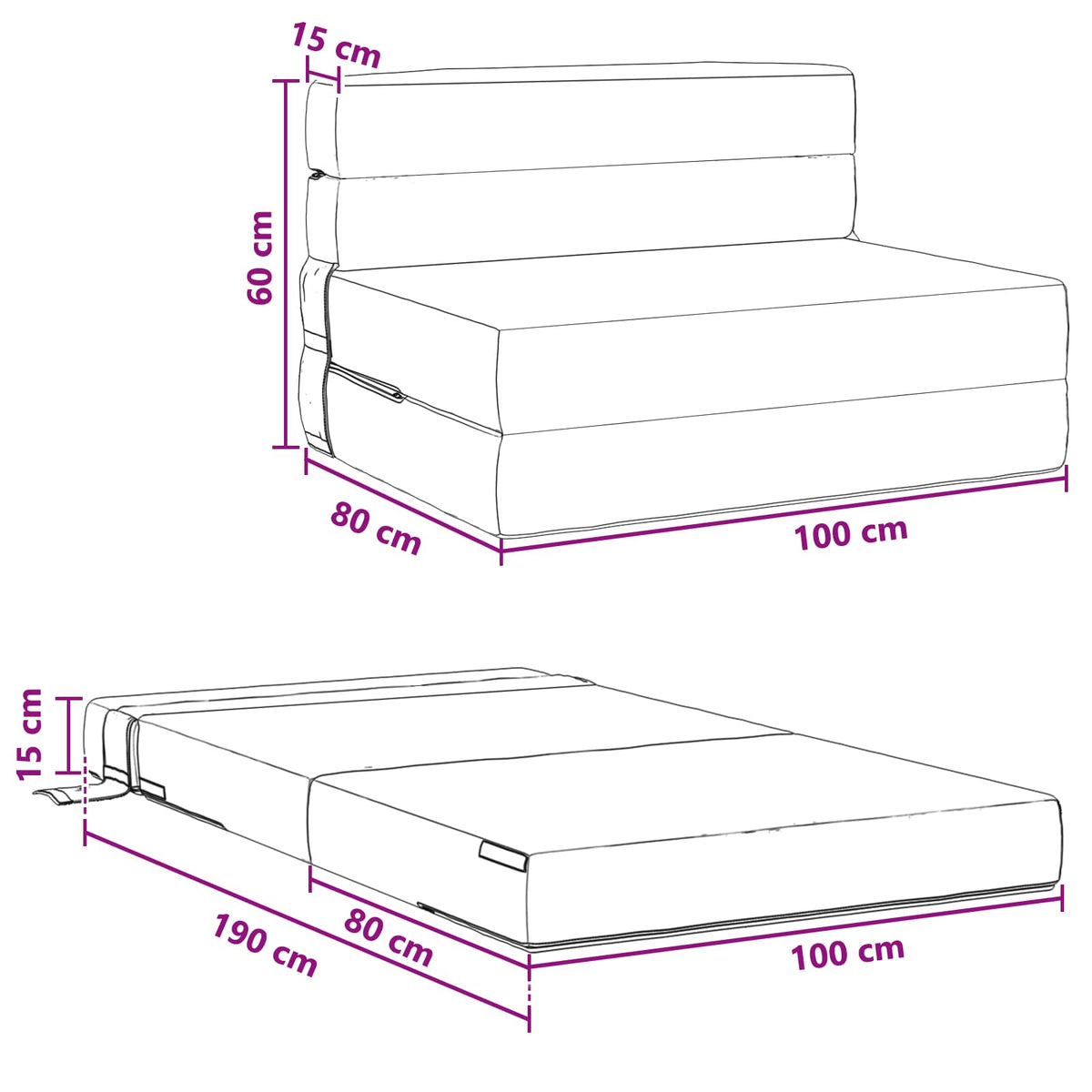 Divano Letto Pieghevole Grigio Chiaro 100 x 80 x 60 cm Tessuto
