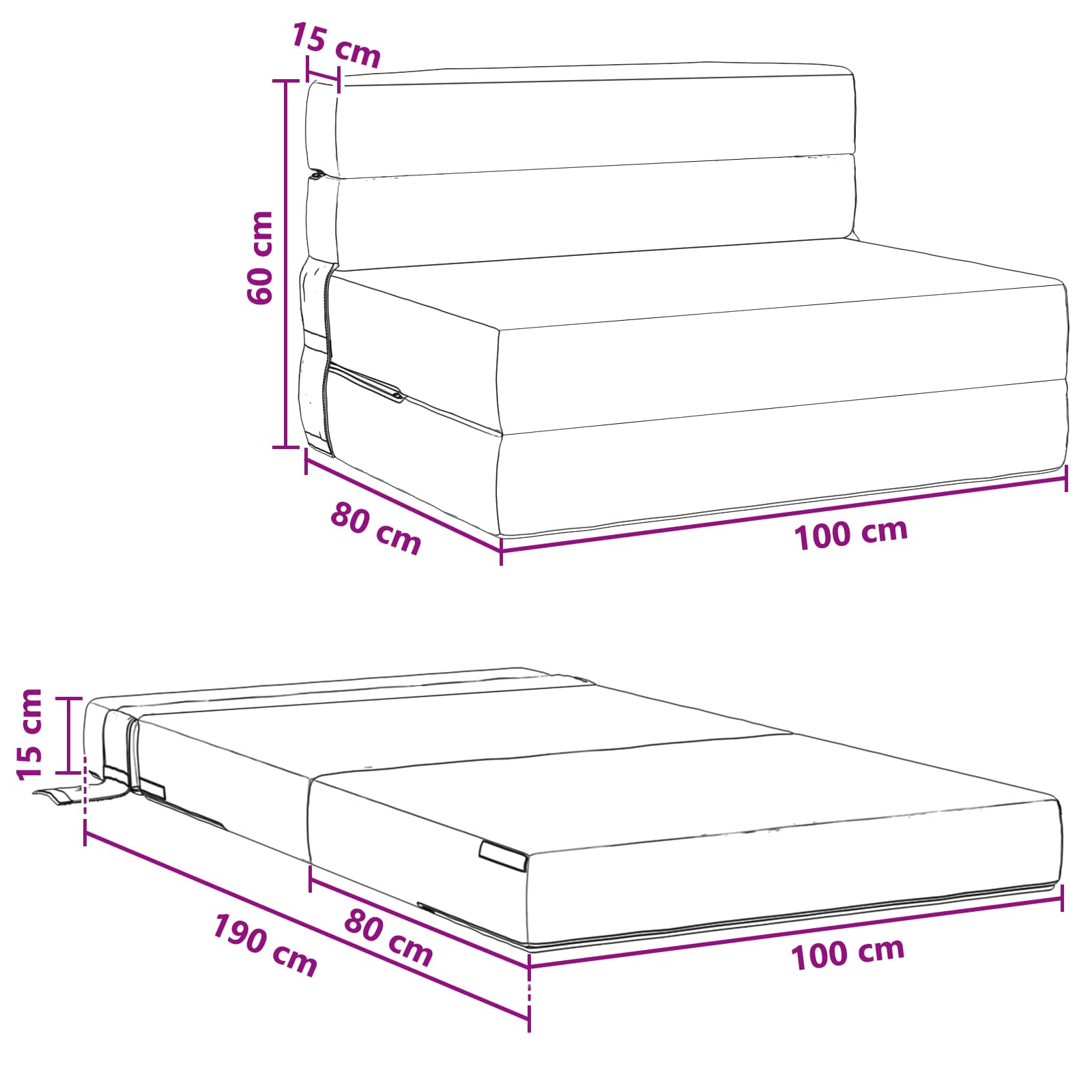 Divano Letto Pieghevole Tortora 100 x 80 x 60 cm Tessuto | homemem39