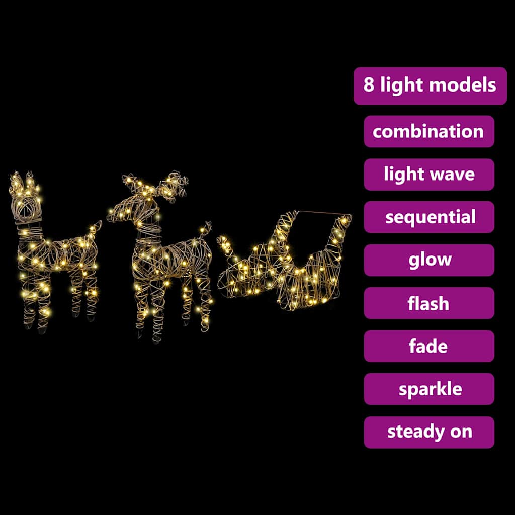 Slitta trainata da renna con 160 LED Bianco caldo Rattan