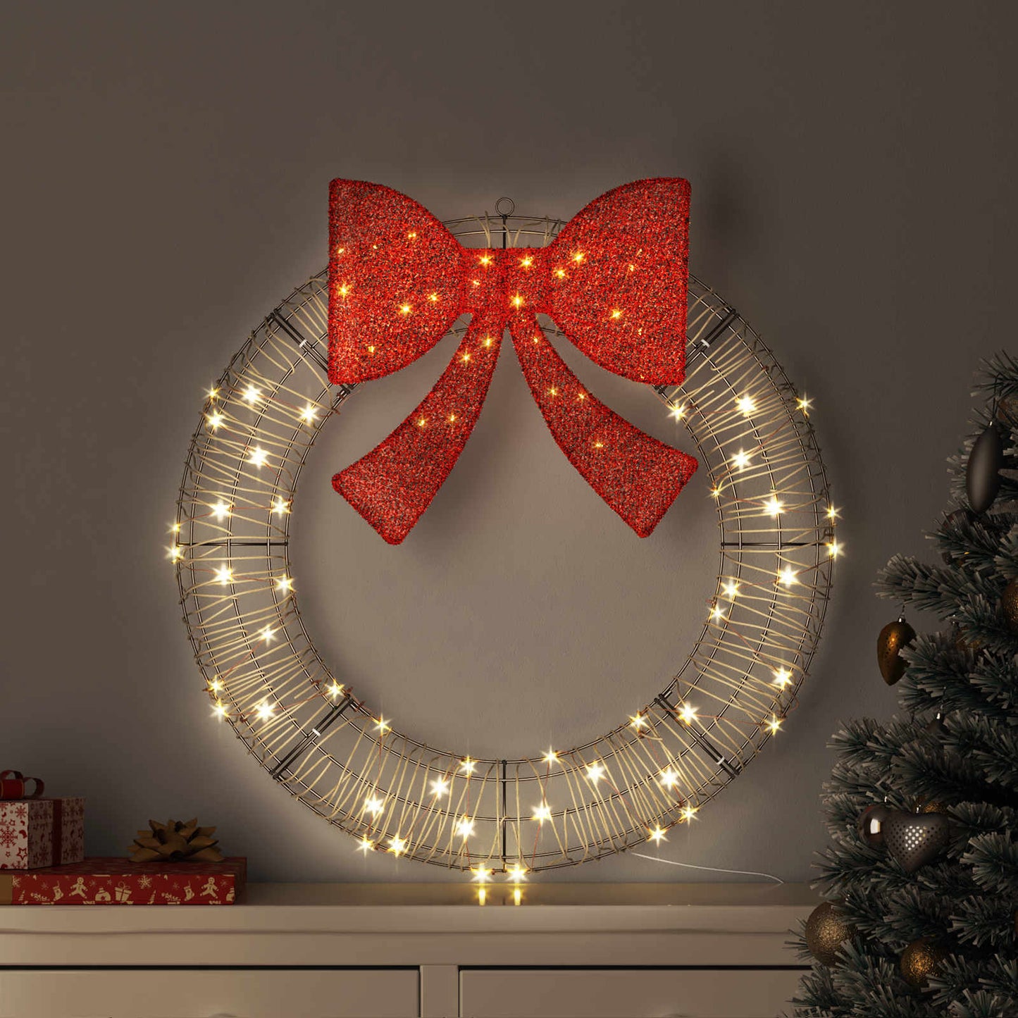 Ghirlanda con 80 LED Bianco caldo 90 x 90 x 9 cm Rattan | homemem39