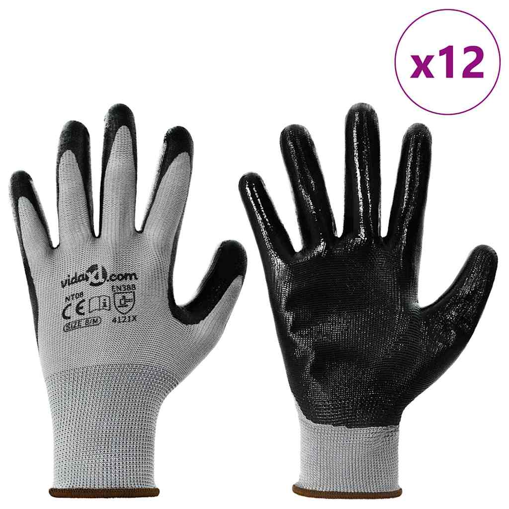 Guanti da Lavoro 12 pcs Grigio e Nero 8 / m Poliestere | homemem39
