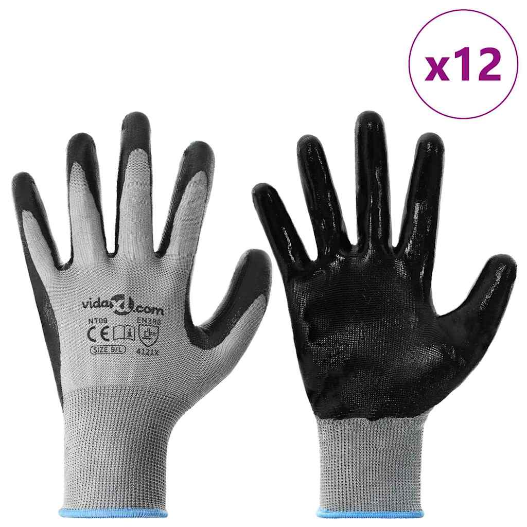 Guanti da Lavoro 12 pcs Grigio e Nero 9 / l Poliestere | homemem39