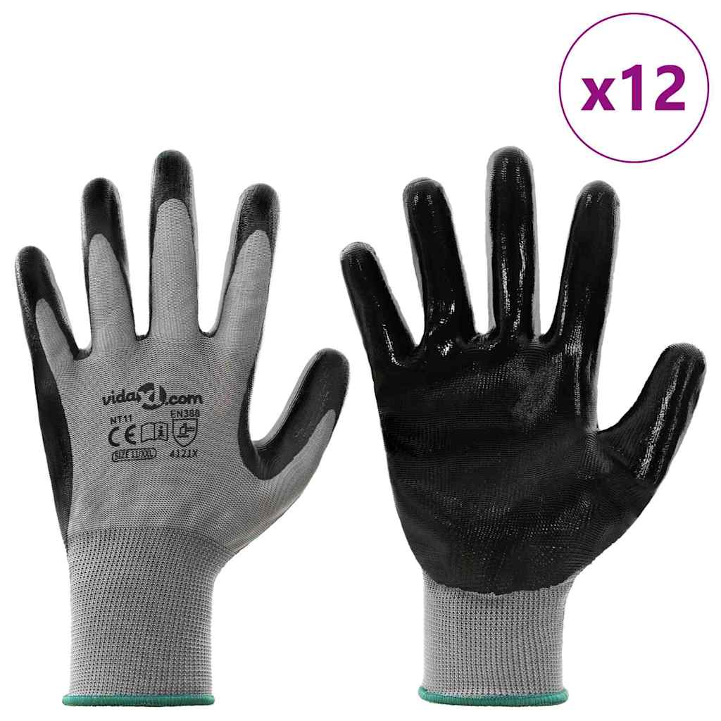 Guanti da Lavoro 12 pcs Grigio e Nero 11 / XXL Poliestere | homemem39