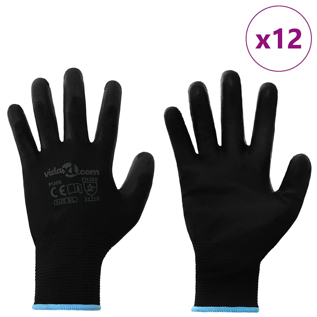 Guanti da Lavoro 12 pcs Nero 9 / l Poliestere | homemem39