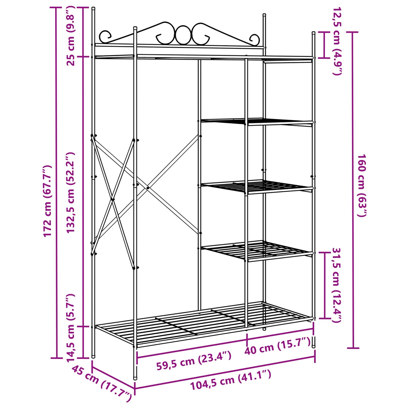 Armadio Aperto con lo scaffale Nero 104,5 x 45 x 172 cm Acciaio | homemem39