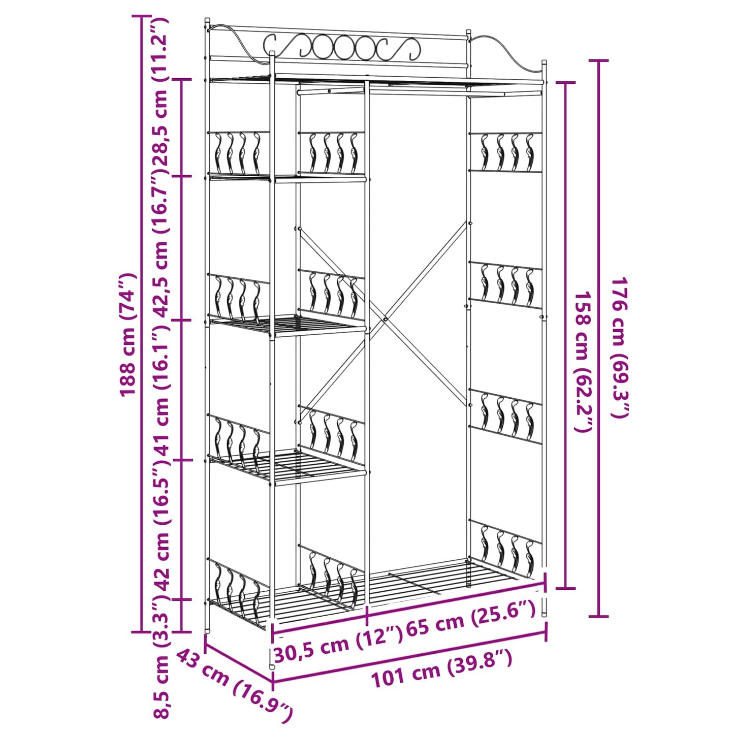Armadio Aperto con lo scaffale Nero 101 x 43 x 188 cm Acciaio | homemem39