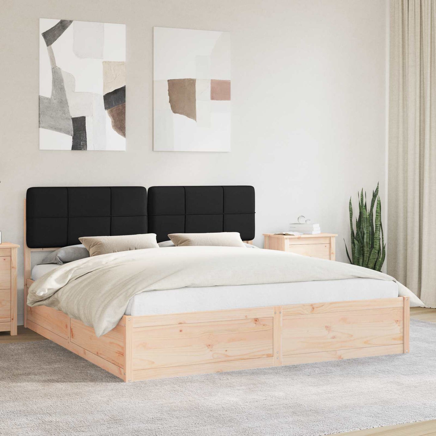 Letto con Testiera Rivestita Nero 200 x 200 cm Pino massello