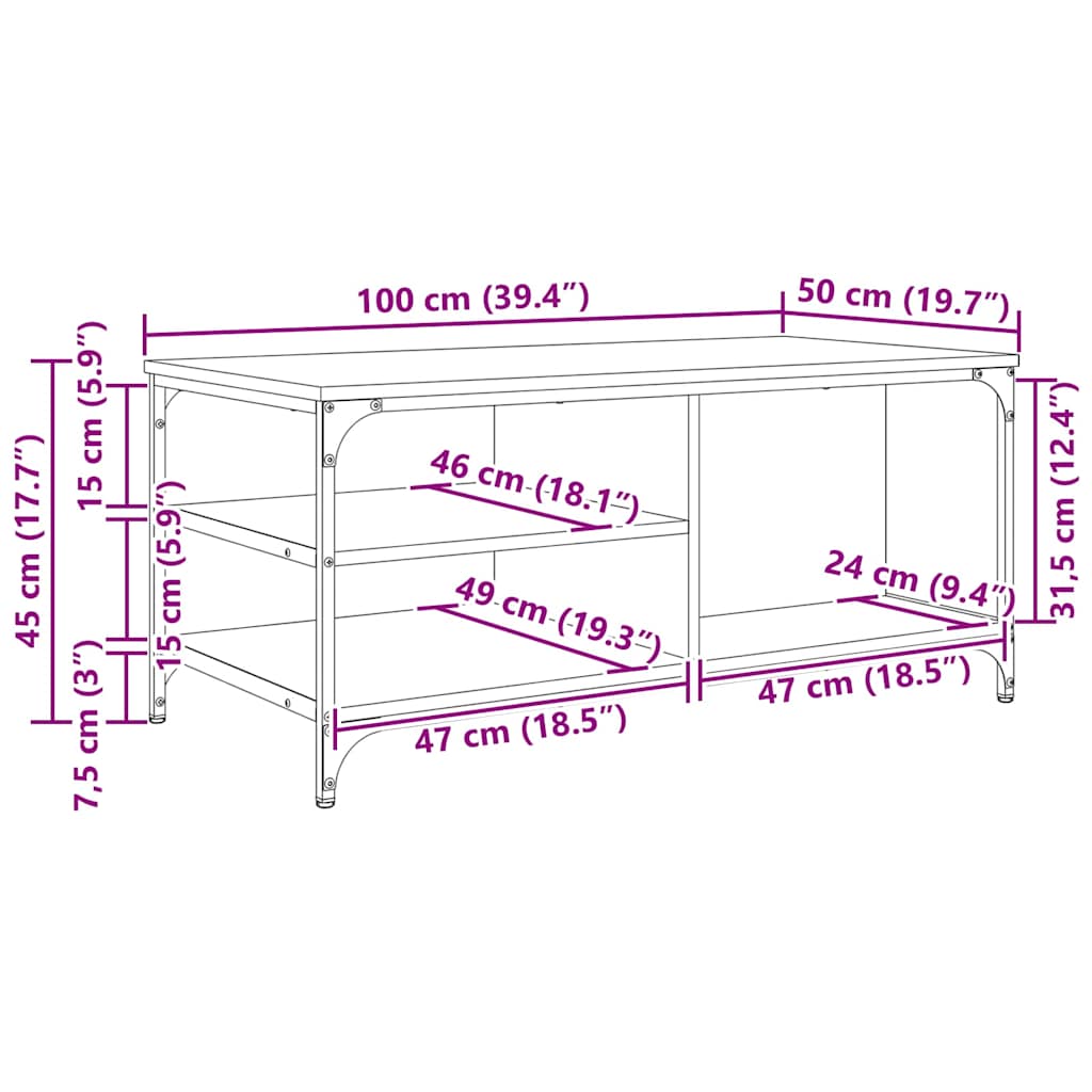 Tavolino da salotto Rovere Nero 100 x 50 x 45 cm