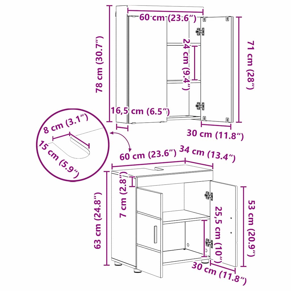 Set di mobili per il bagno TULUM 3 pcs Grigio Sonoma | homemem39
