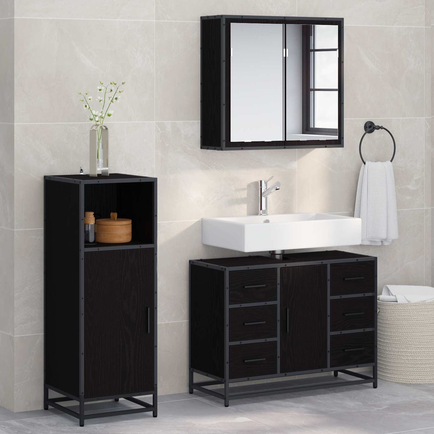Set di mobili per il bagno 3 pcs Rovere Nero Legno multistrato | homemem39