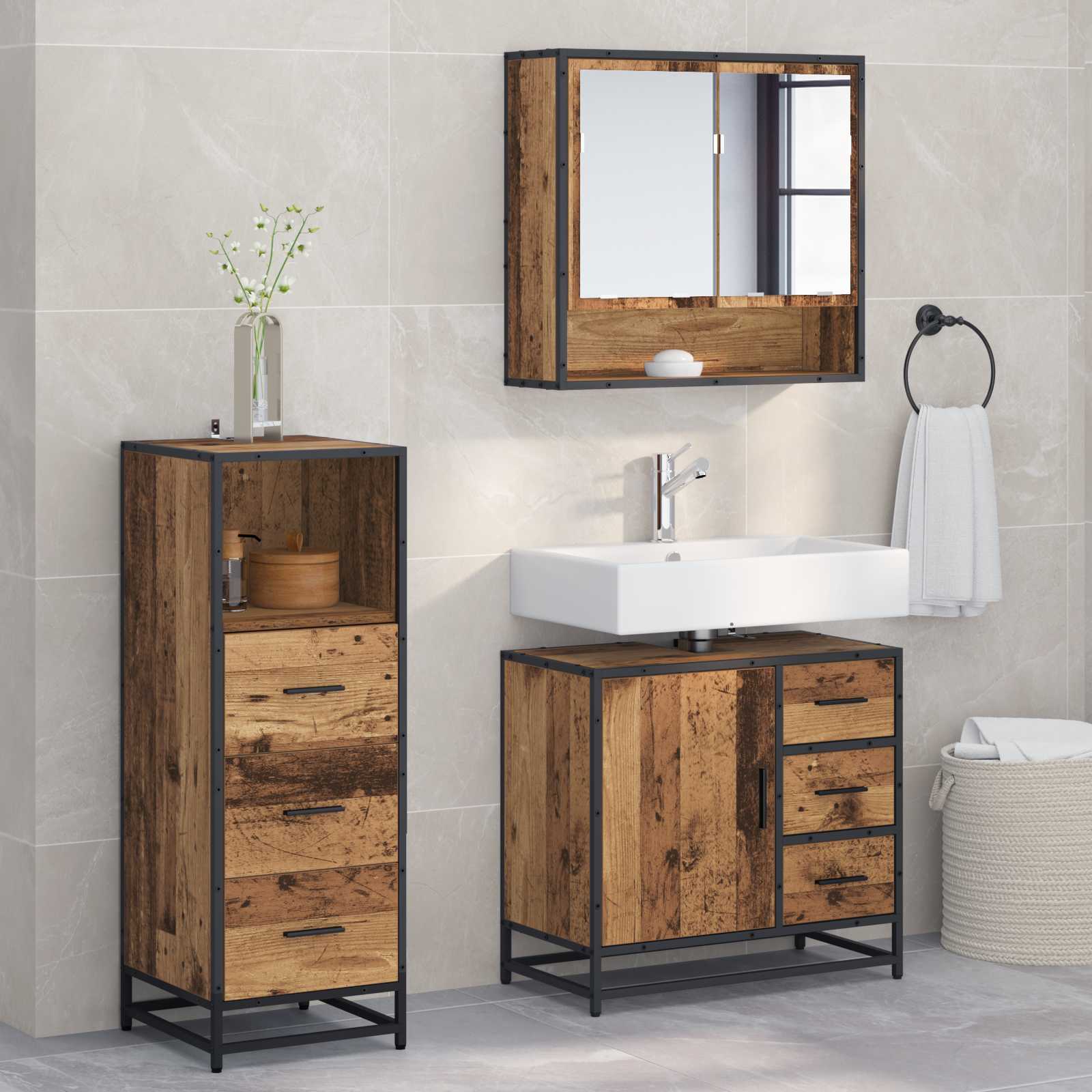 Set di mobili per il bagno con cassetto 3 pcs Legno vecchio | homemem39