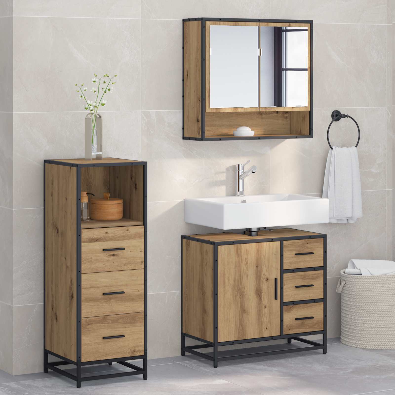 Set di mobili per il bagno 3 pz Rovere artigianale | homemem39