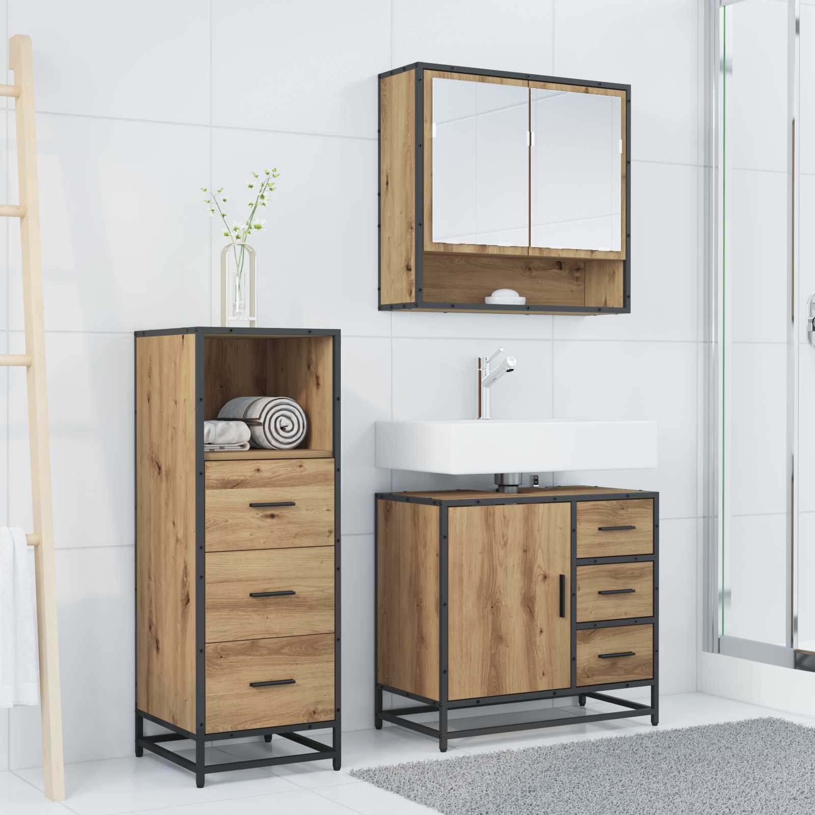 Set di mobili per il bagno 3 pz Rovere artigianale | homemem39