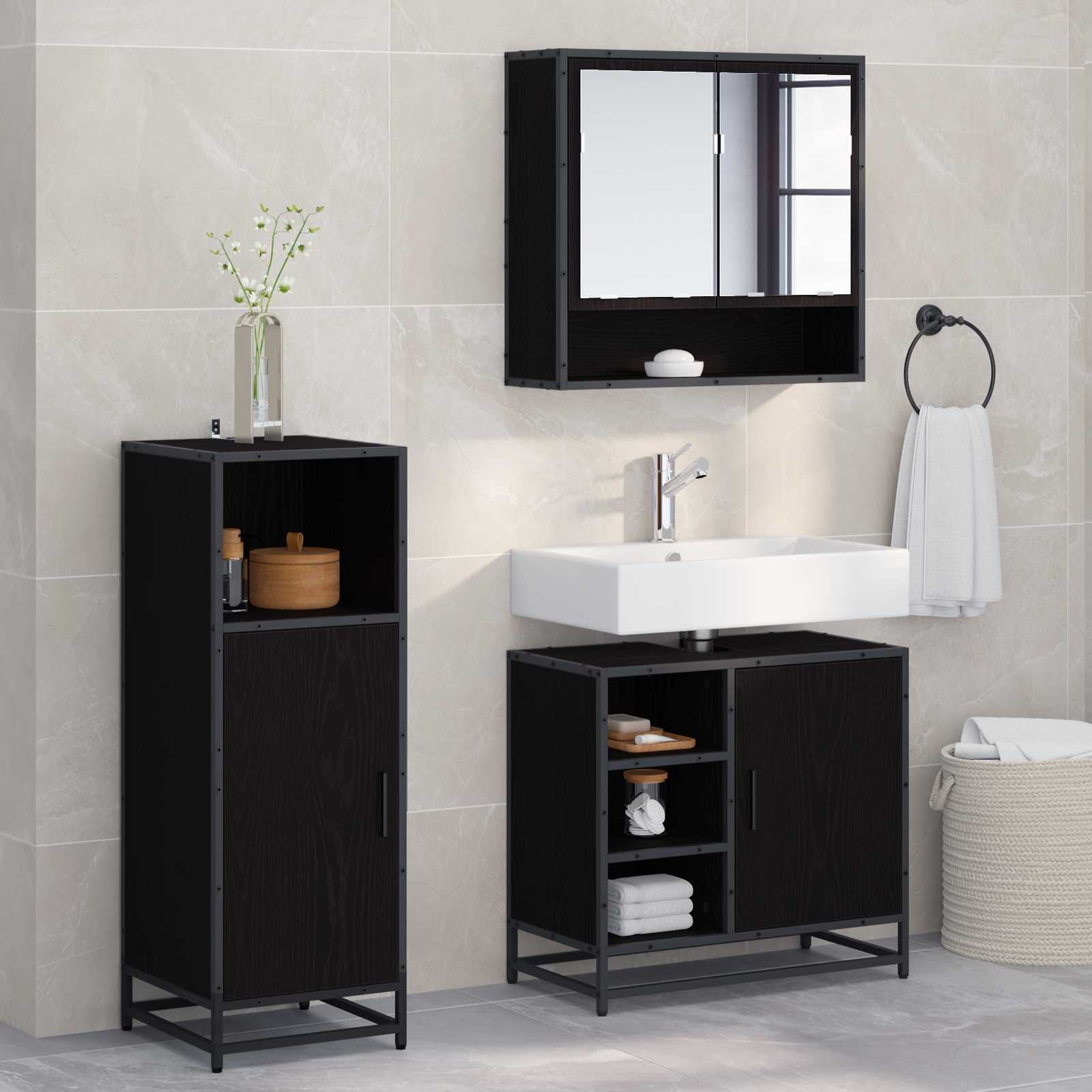 Set di mobili per il bagno 3 pcs Rovere Nero Legno multistrato | homemem39