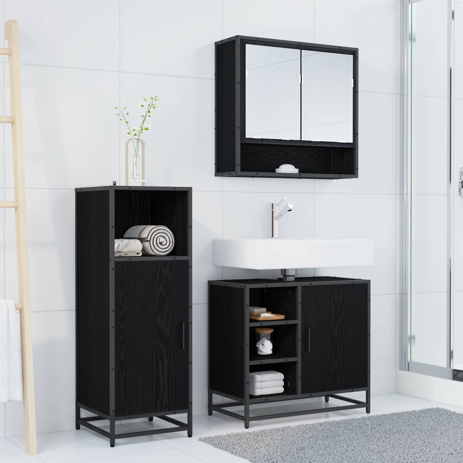 Set di mobili per il bagno 3 pcs Rovere Nero Legno multistrato | homemem39