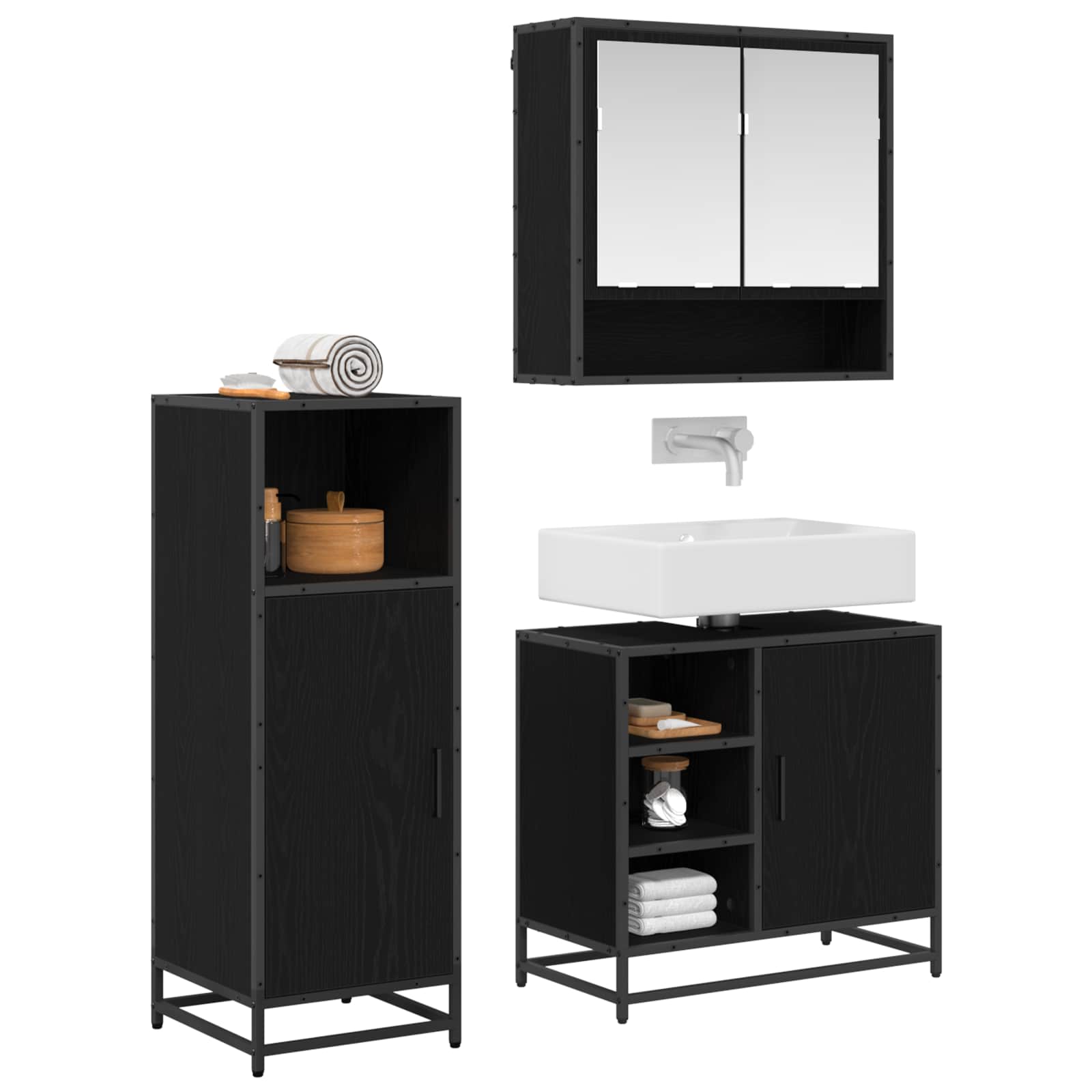 Set di mobili per il bagno 3 pcs Rovere Nero Legno multistrato | homemem39