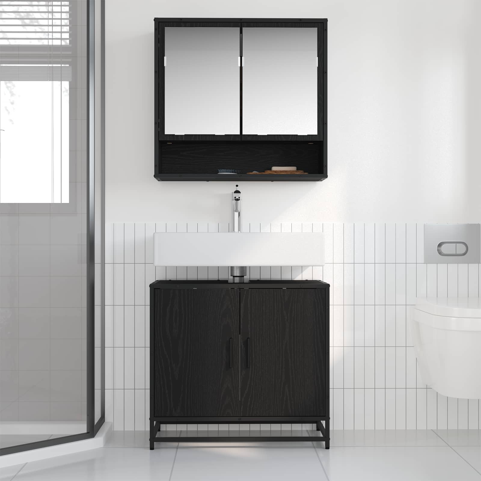 Set di mobili per il bagno 2 pcs Rovere Nero Legno multistrato | homemem39
