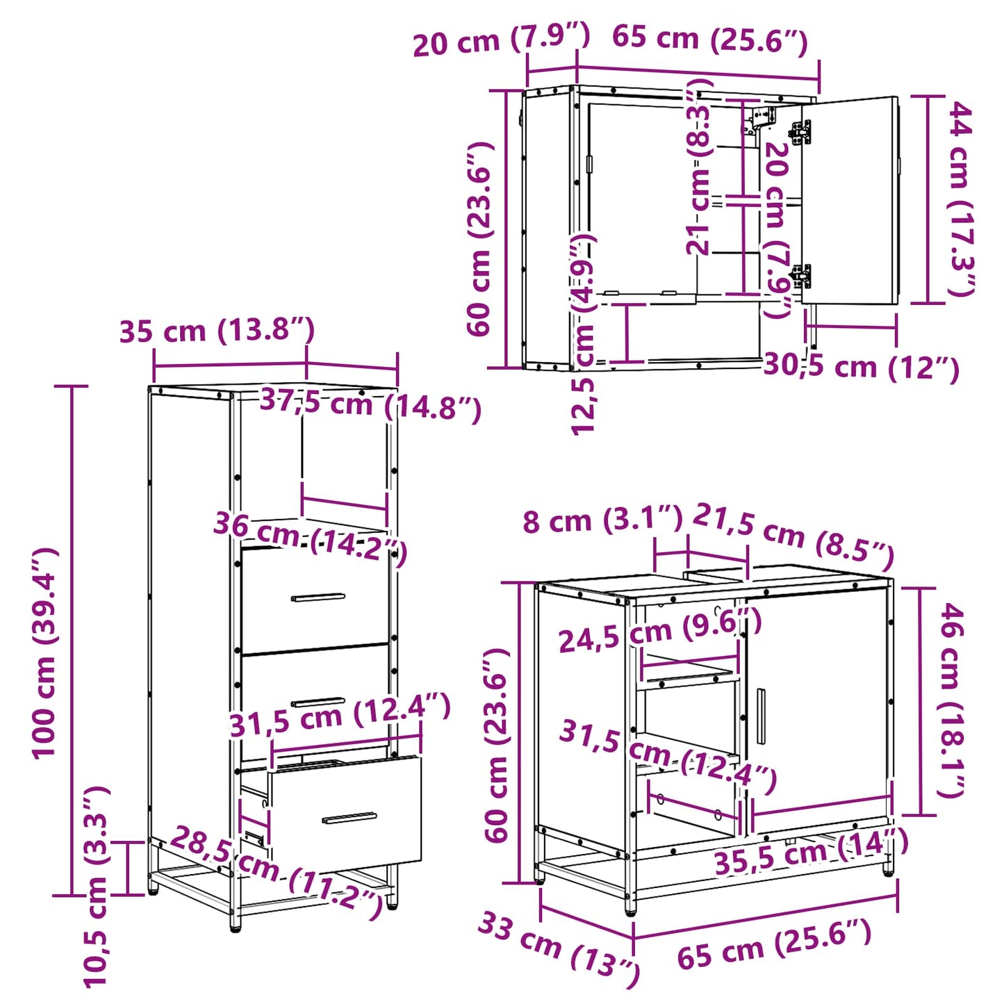 Set di mobili per il bagno 3 pz Rovere artigianale | homemem39