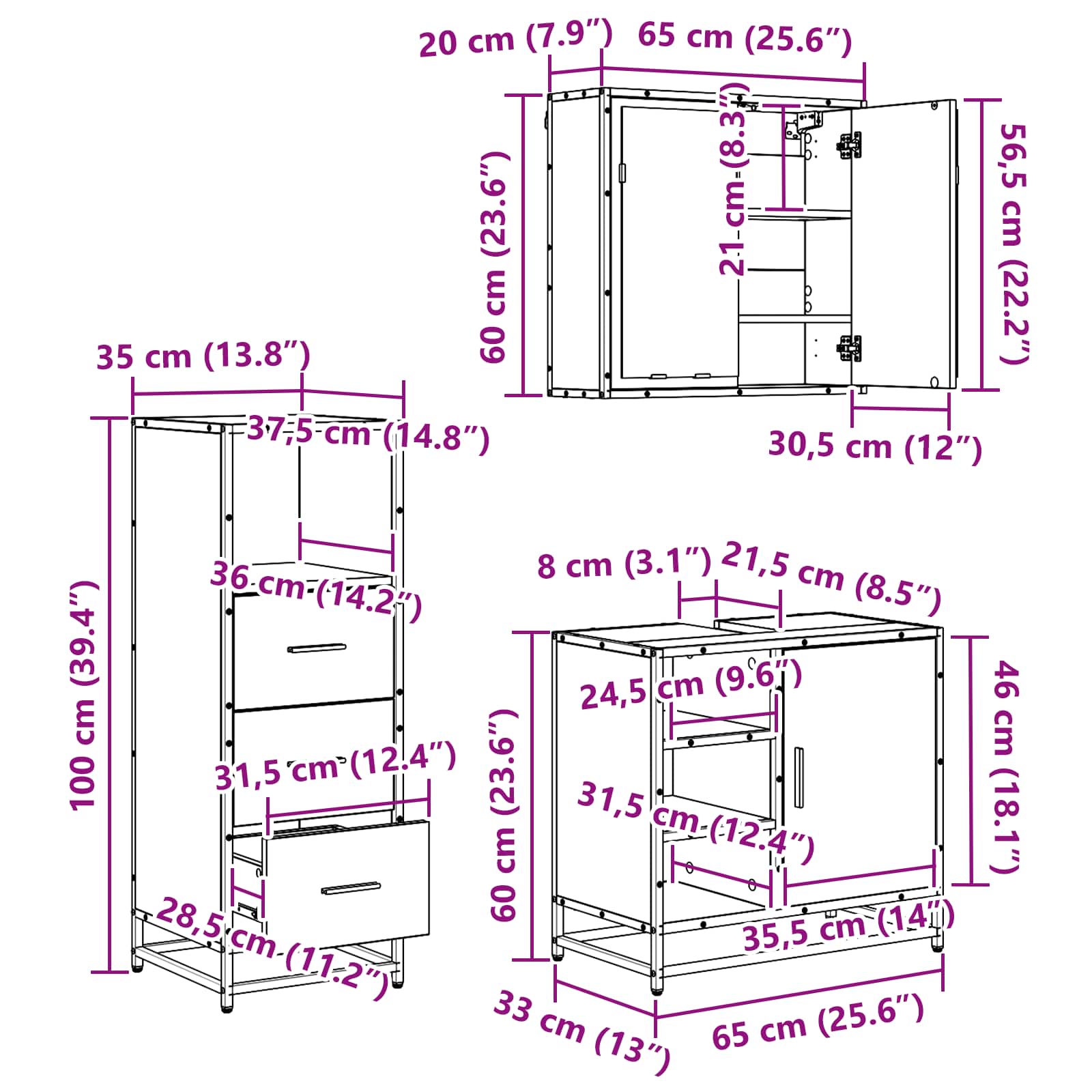 Set di mobili per il bagno 3 pz Rovere artigianale | homemem39