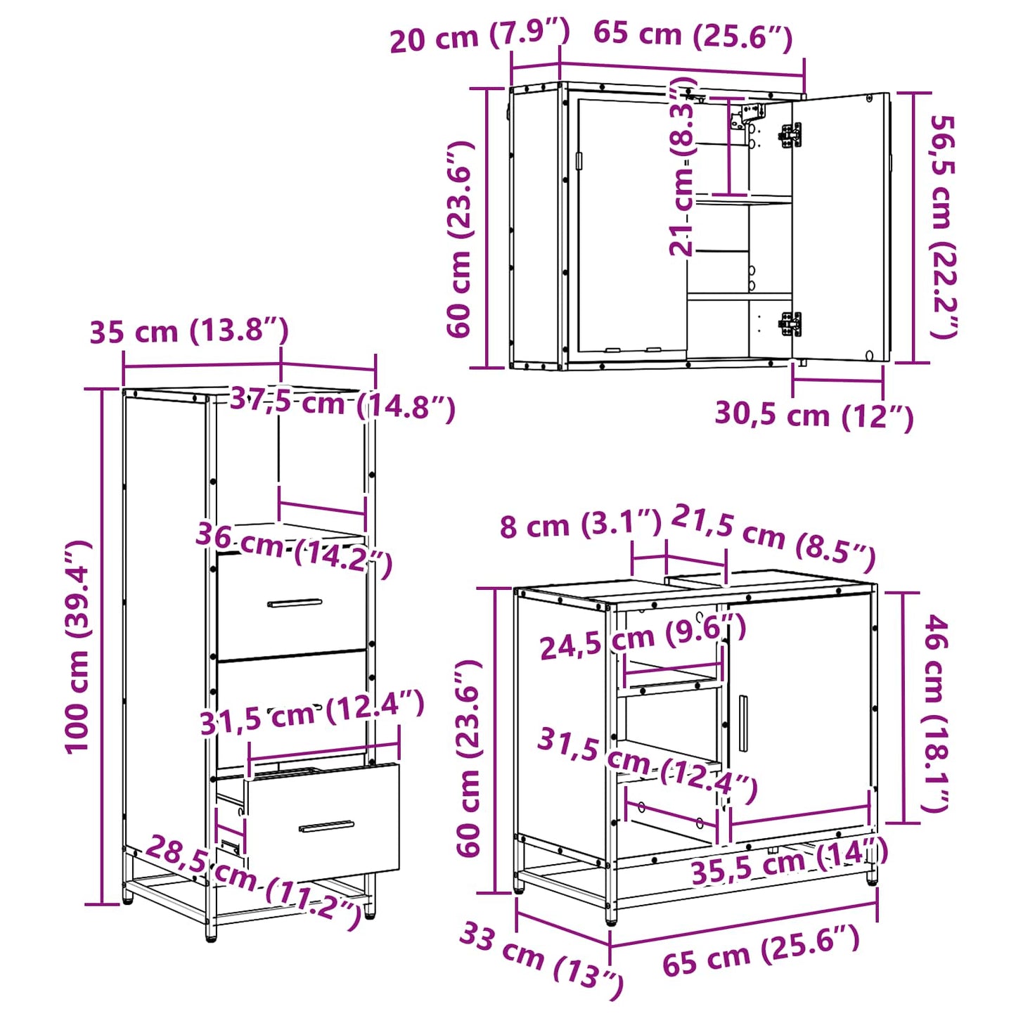 Set di mobili per il bagno 3 pcs Rovere Nero Legno multistrato | homemem39