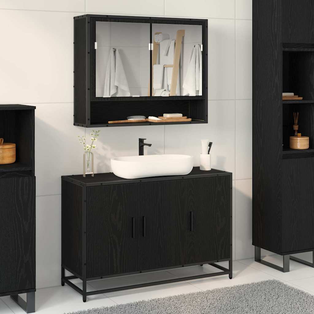 Set di mobili per il bagno 2 pcs Rovere Nero Legno multistrato