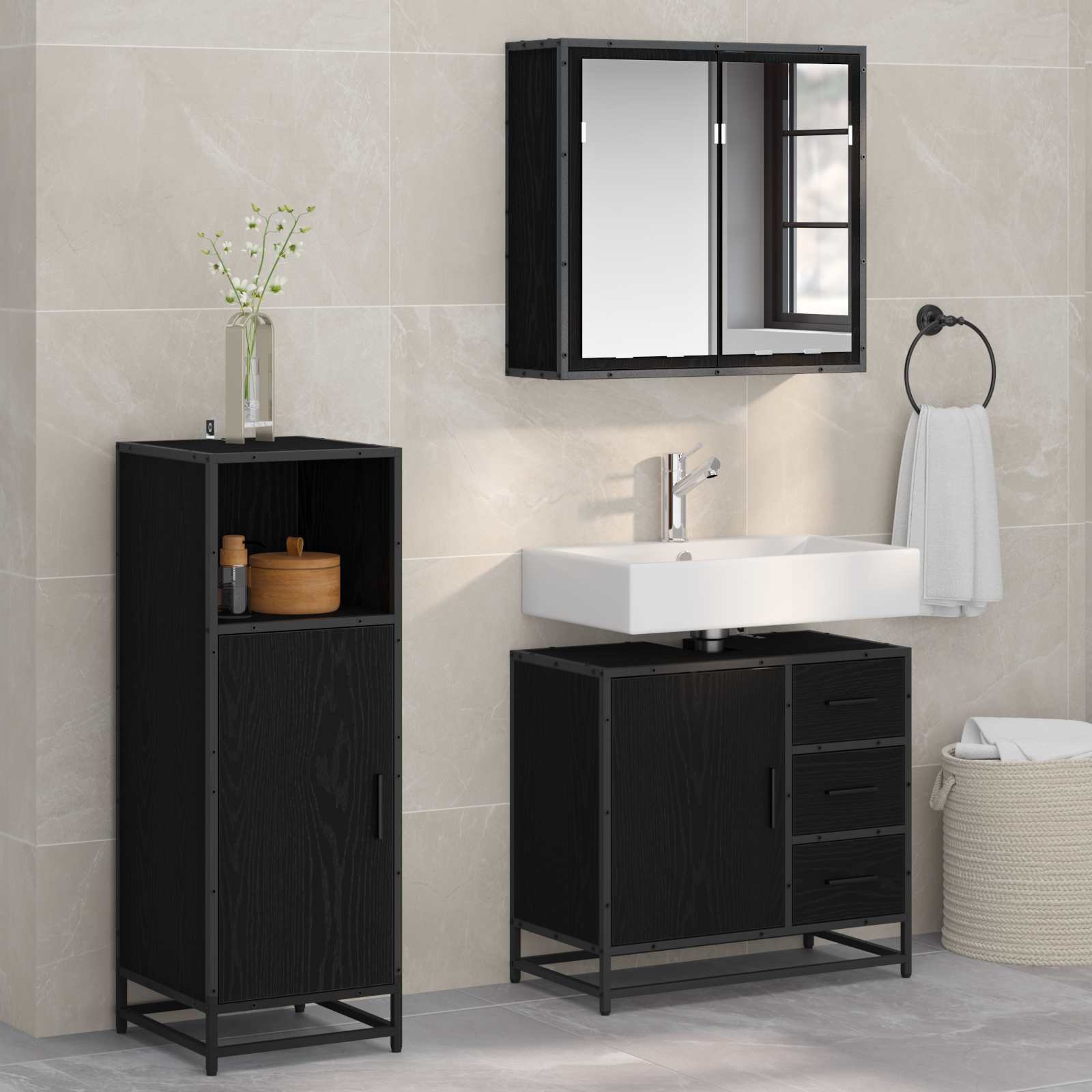 Set di mobili per il bagno 3 pcs Rovere Nero Legno multistrato | homemem39