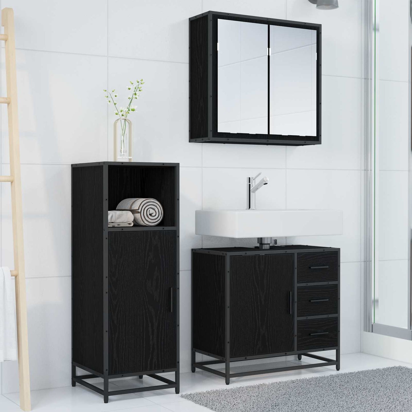 Set di mobili per il bagno 3 pcs Rovere Nero Legno multistrato | homemem39