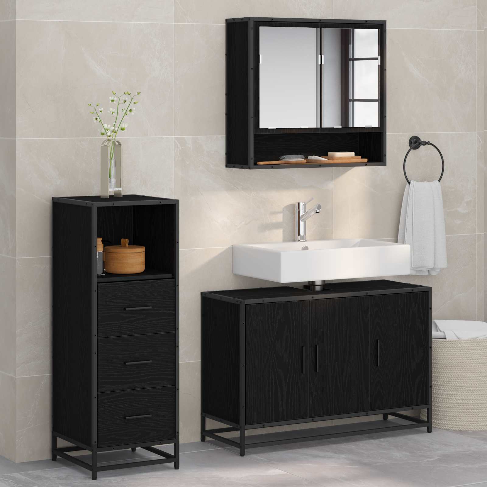 Set di mobili per il bagno 3 pcs Rovere Nero Legno multistrato | homemem39
