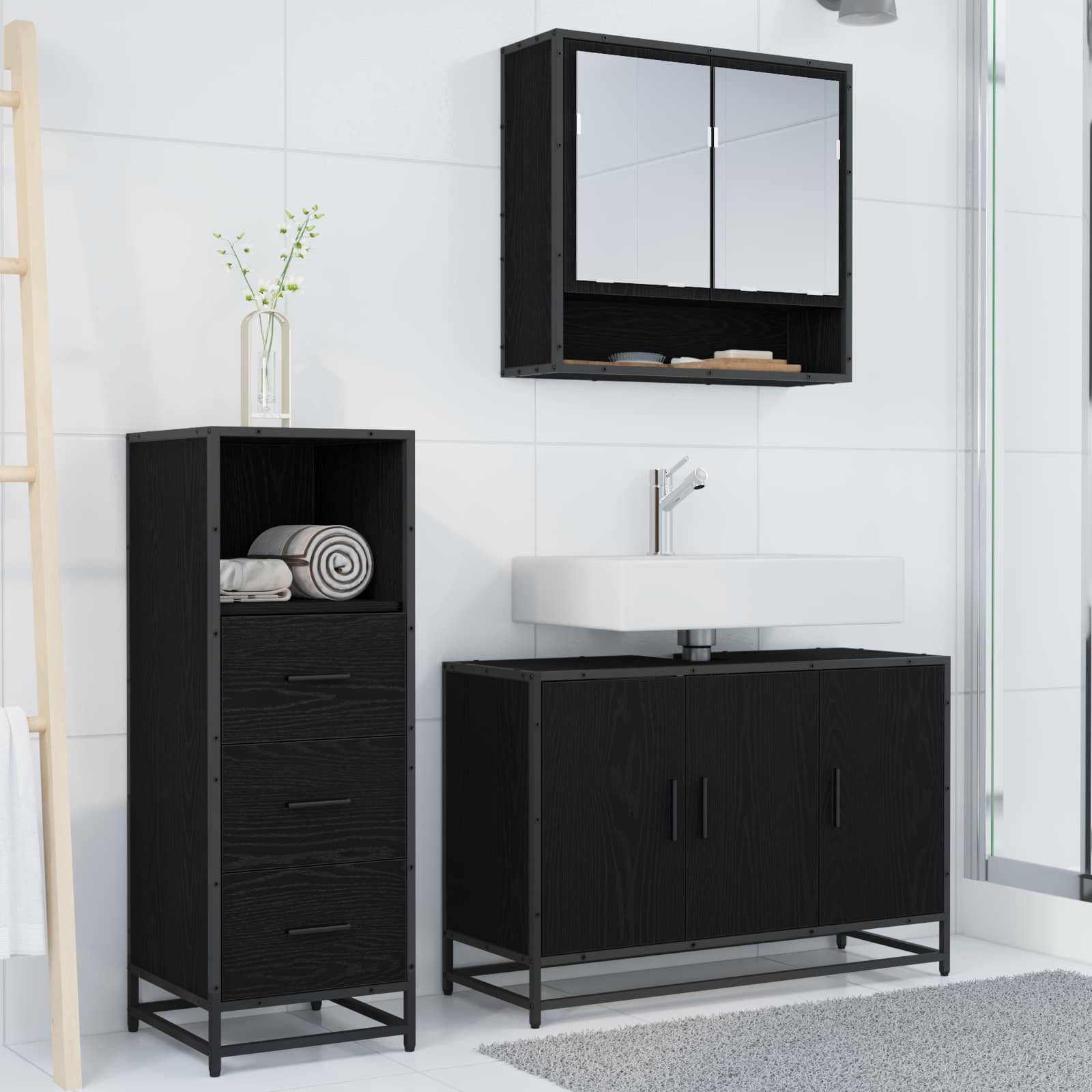 Set di mobili per il bagno 3 pcs Rovere Nero Legno multistrato | homemem39