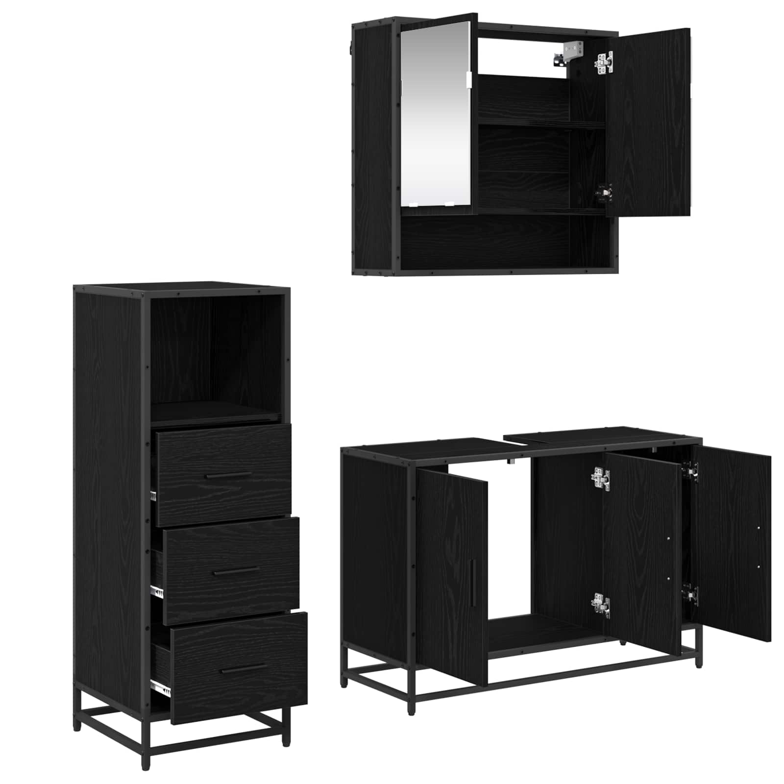 Set di mobili per il bagno 3 pcs Rovere Nero Legno multistrato | homemem39